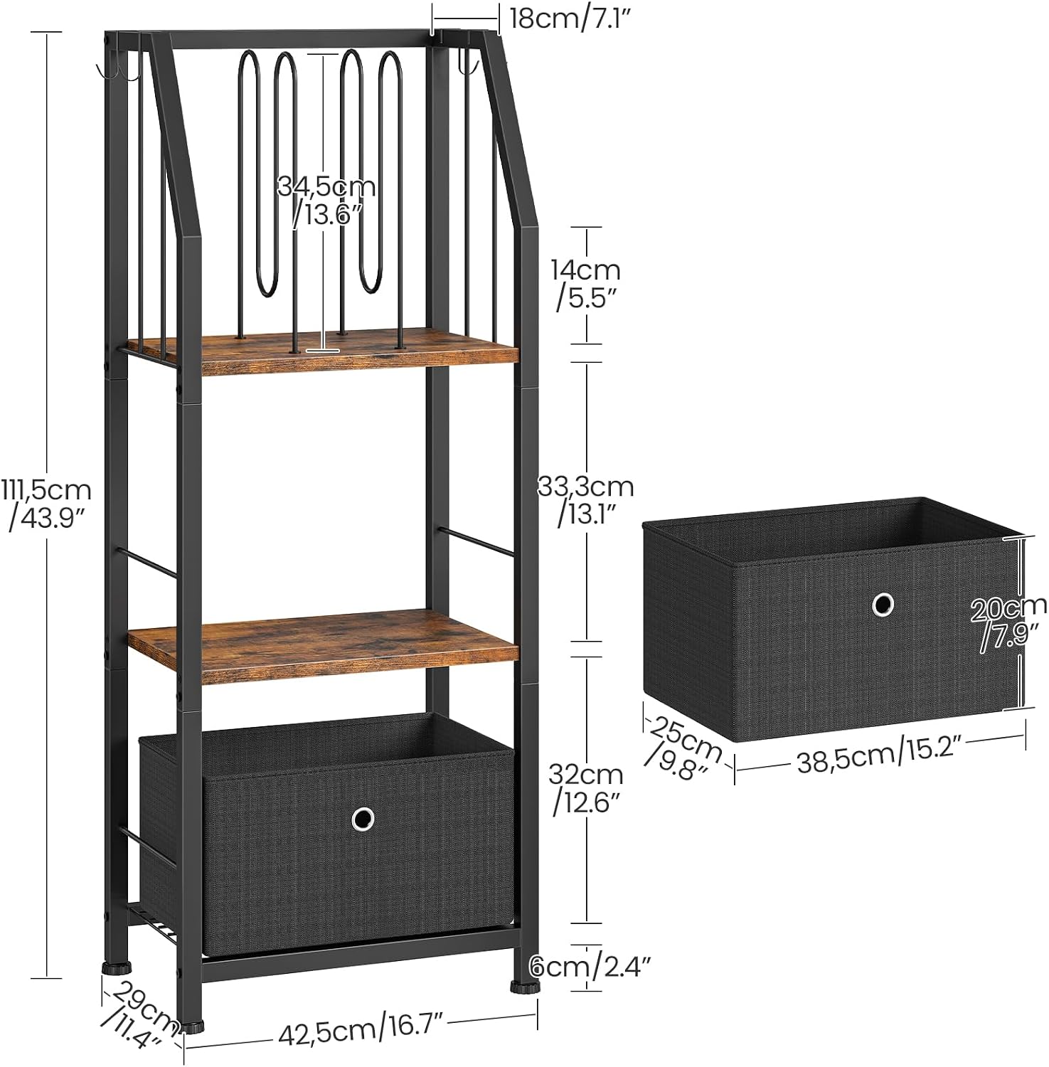 CHOEZON 3-Tier Towel Rack Freestanding, Towel Rack with a Fabric Drawer, 2 M-Shaped Metal Dividers and 4 Hooks, Bathroom Towel Storage Shelf, Towel Storage for Bathroom, Rustic Brown and Black TCJ29BF