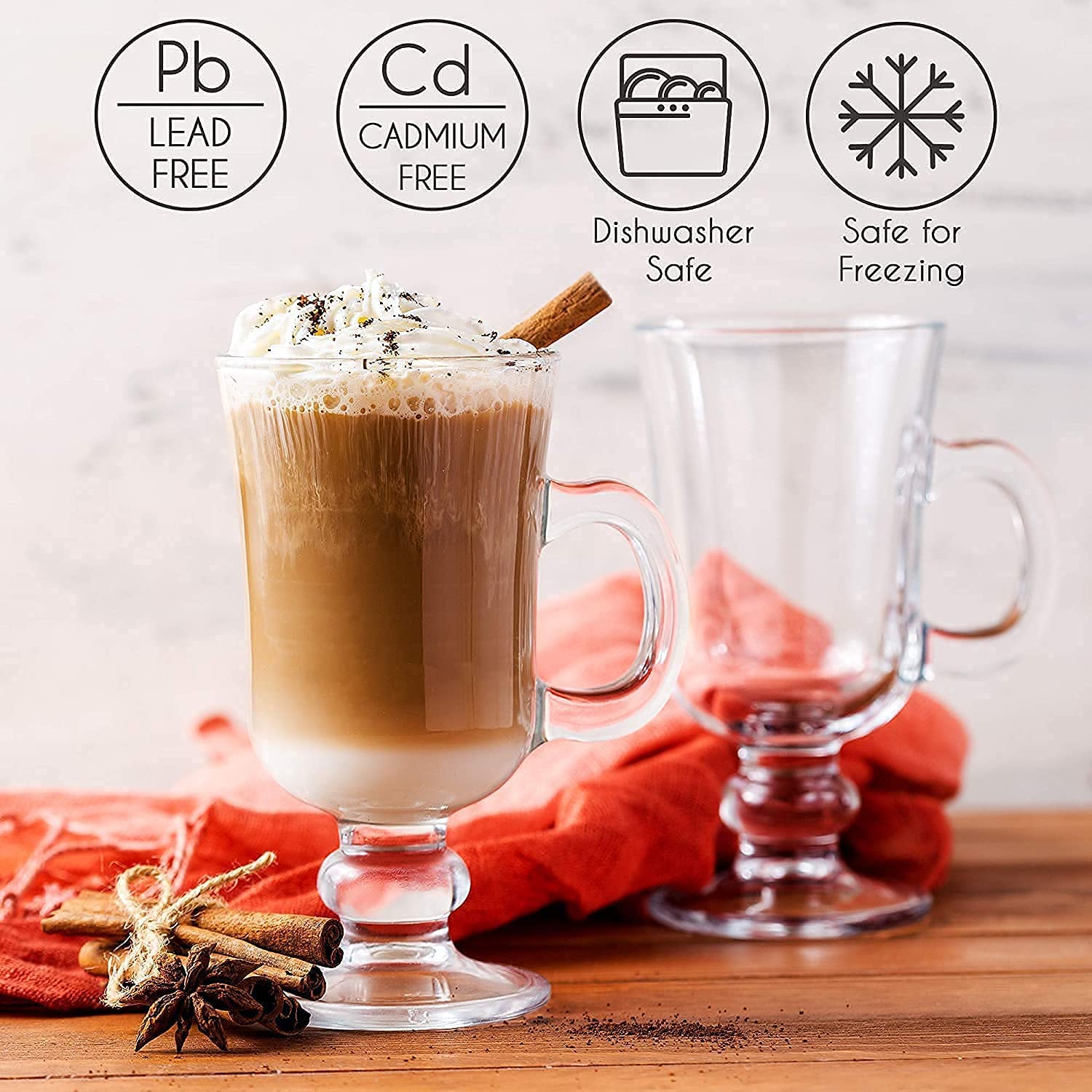 KriVat Irish Glass Coffee Mugs, 300ML Set of 2 Irish Latte Cups Milkshake Falooda & Juice Glass Cappuccino and Hot Chocolate Mugs with Handle, Clear Glass Mugs for Hot Beverages 2
