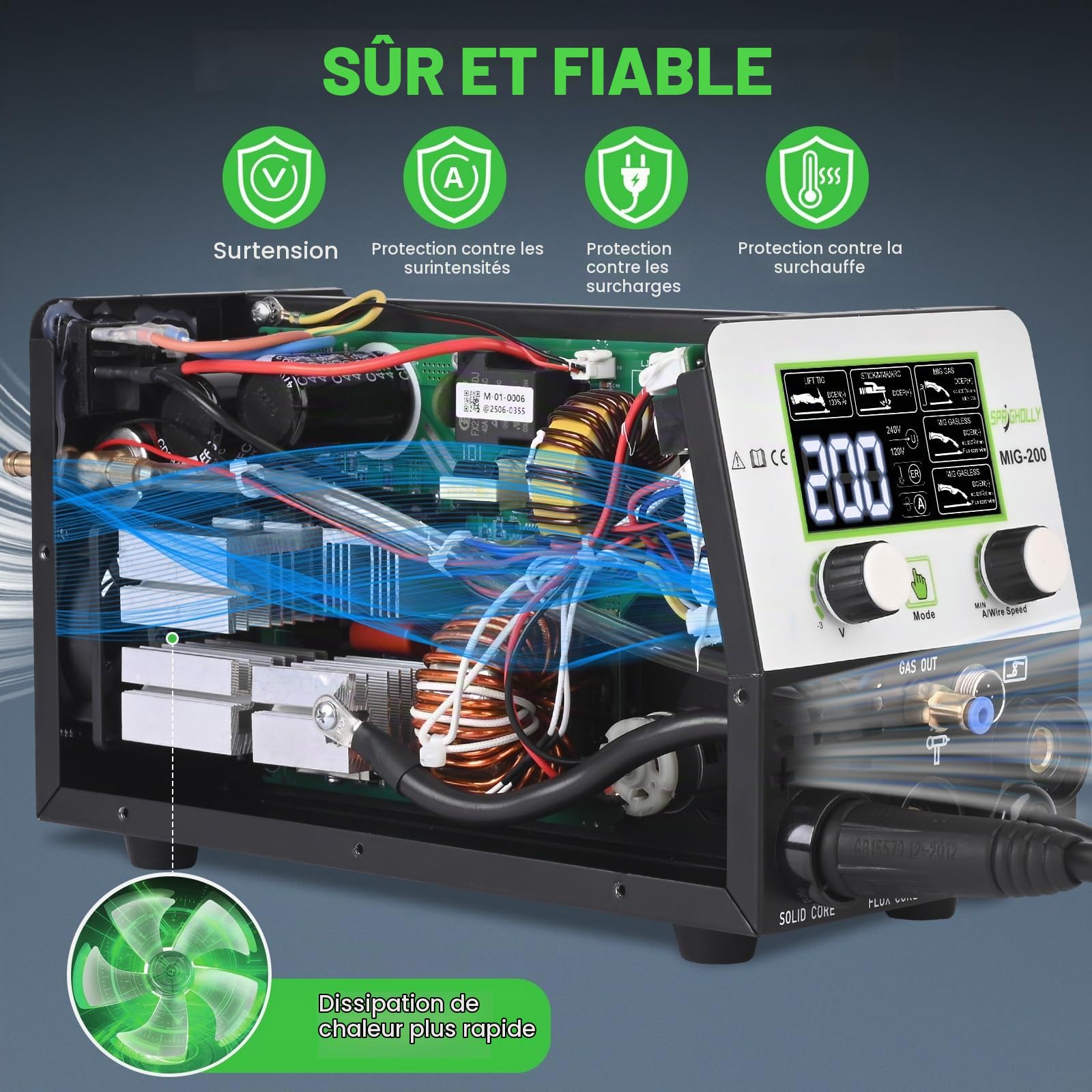 Soudeuse MIG200 200A 240V – Appareil multifonction 4-en-1 pour MIG (Gaz/Noyau à flux), Lift-TIG, MMA (soudure manuelle), mode synergie et écran LED