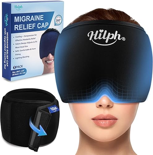 Hilph Gorra ajustable para aliviar la migraña con compresa fría de gel grueso, gorra para aliviar el dolor de cabeza, máscara de enfriamiento facial