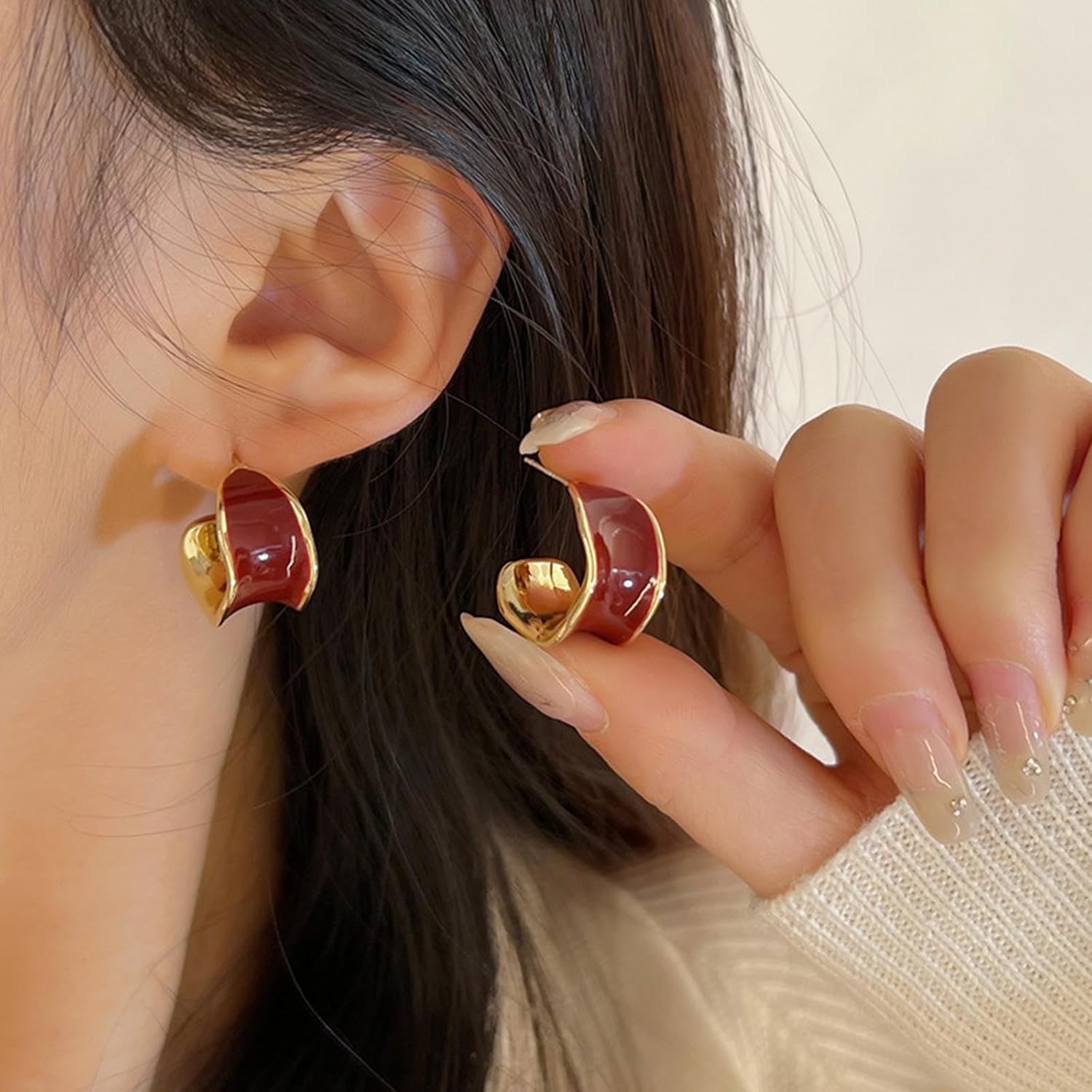 Vintage Enamel Burgundy Hoop Earrings Enamel Red C Shape Earrings Irregular Burgundy Open Hoop Earring Acrylic Red Hoops Circle Earring Jewelry for Women - Image 7