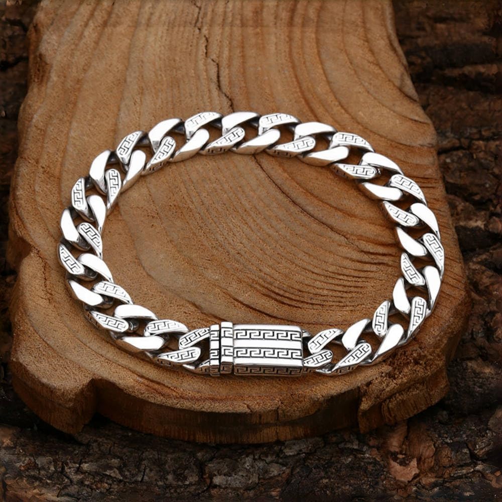 ForFox Pulsera de cadena cubana de plata de ley 925 pulsera de cadena barbada con diseño de llave griega para hombre 9mm 18/20cm