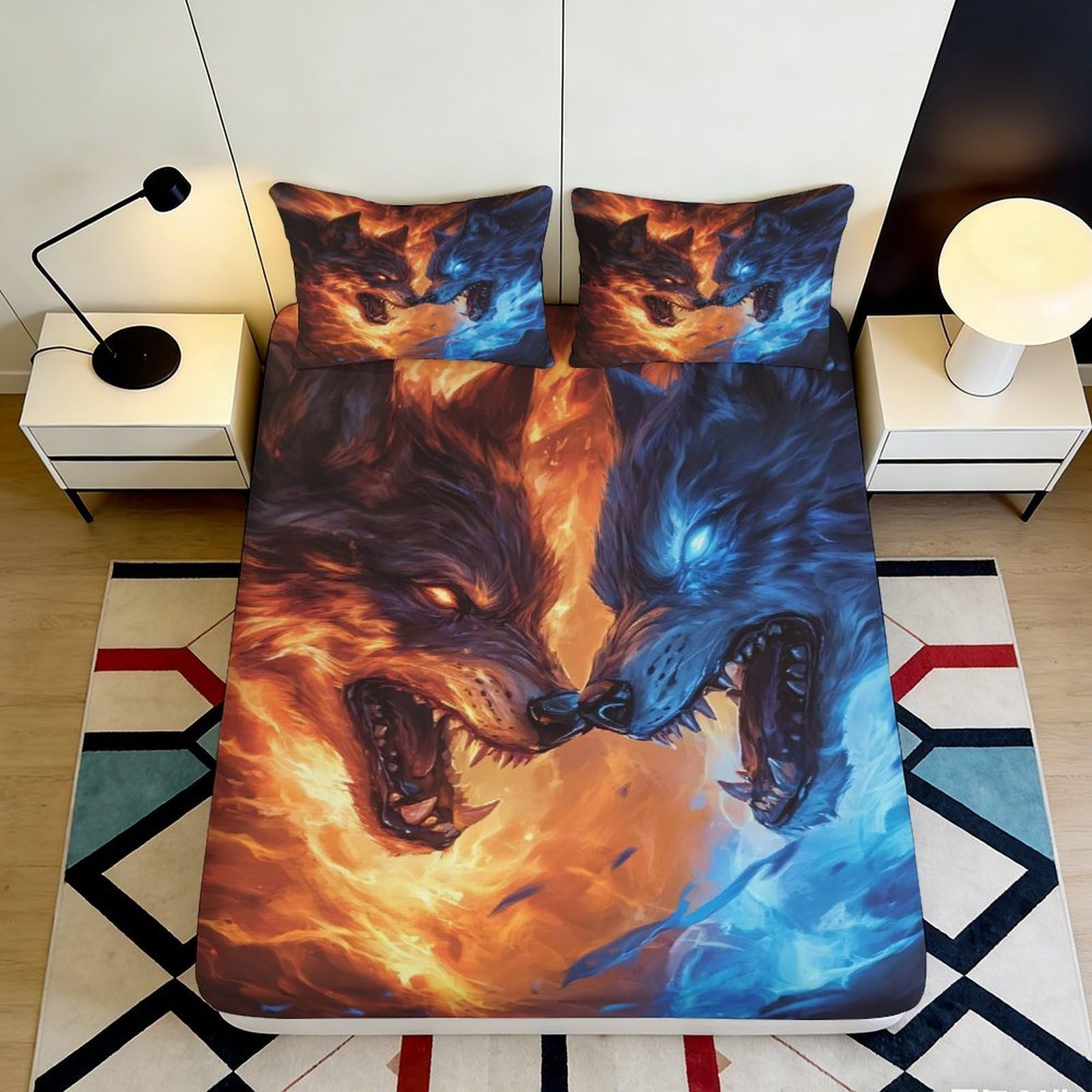3D Printed Fiery and Icy Wolves Fitted Sheet Microfiber Soft Breathable Dual Tone Bed Sheet for Bedroom Dormitory Guest Room Mattress Protection Decor 200x200x25cm