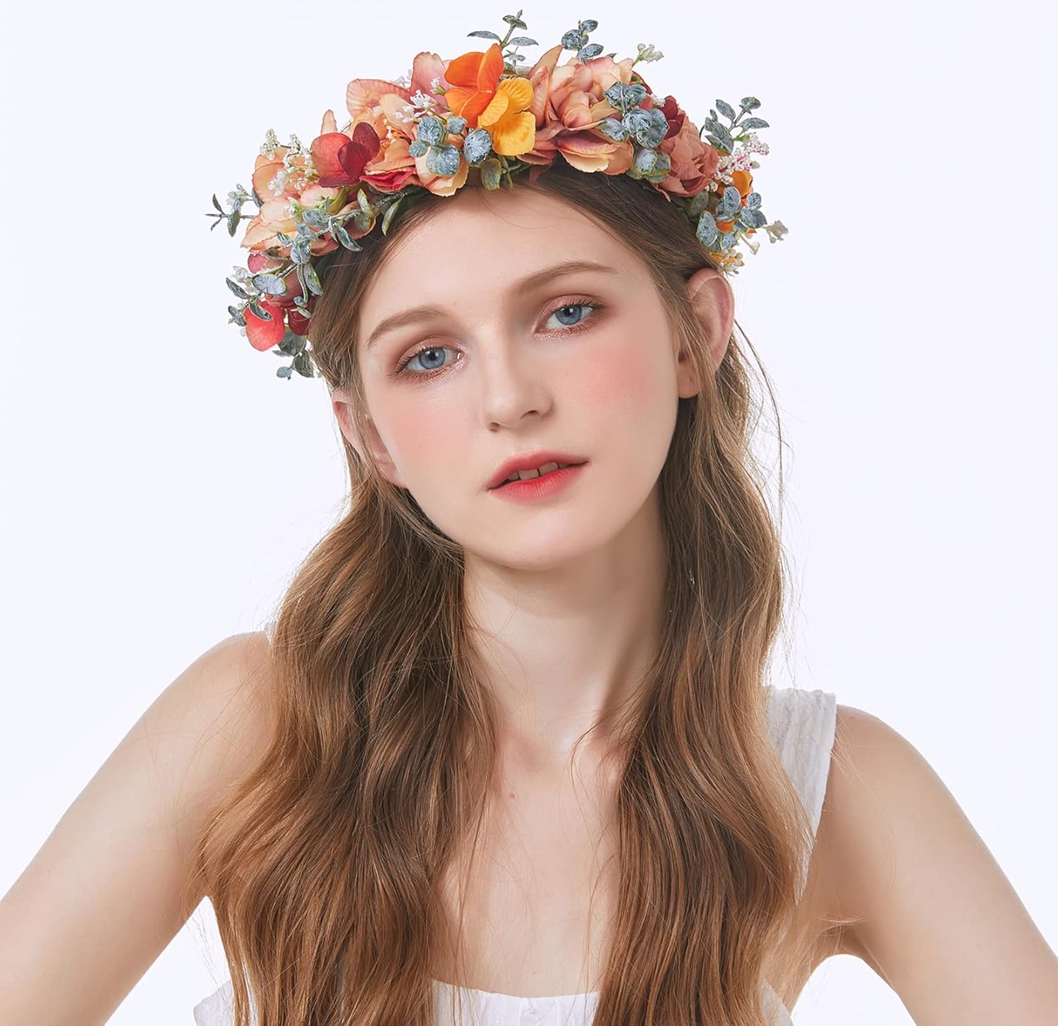 Adjustable Flower Headband Floral Crown Hair Wreath Flower Headpiece Halo Boho Party Prom Wedding Photos Orange - Image 5