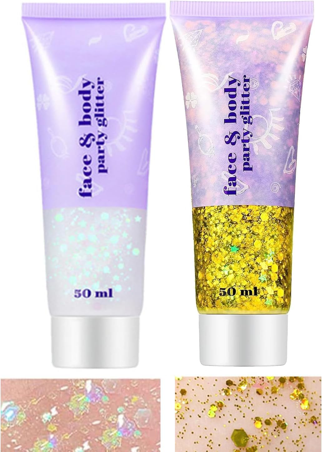 MAKINGTEC 2pcs Body Glitter, MAKINGTEC Mermaid Sequins Liquid Holographic Glitter Gel,Chunky Glitter Face Eye Lip Hair Nail Festival Makeup,Sparkling Body Glitter Gel for Women, White+Gold