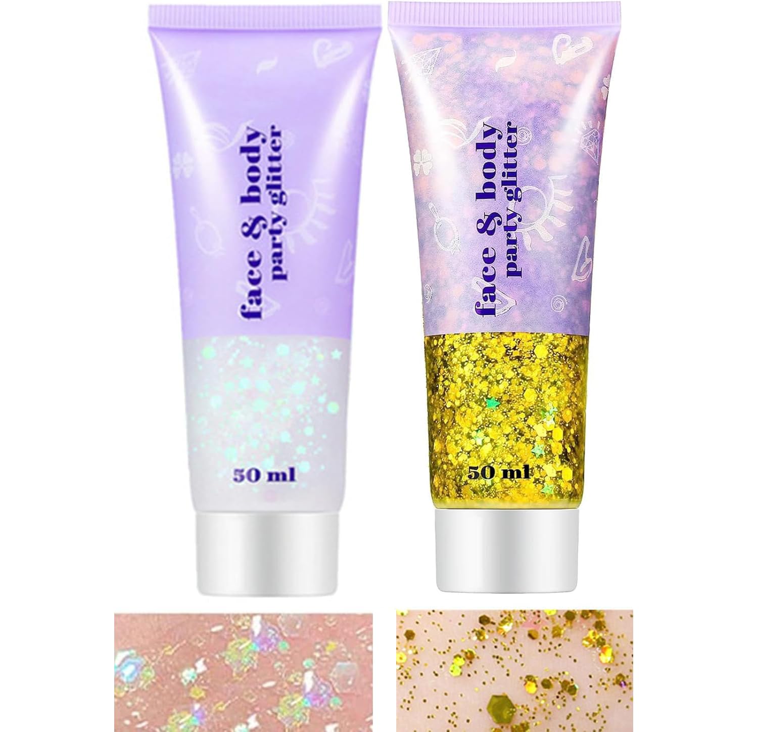 2pcs Body Glitter, MAKINGTEC Mermaid Sequins Liquid Holographic Glitter Gel, Chunky Glitter Face Eye Lip Hair Nail Festival Makeup, Sparkling Body Glitter Gel for Women (White & Gold)