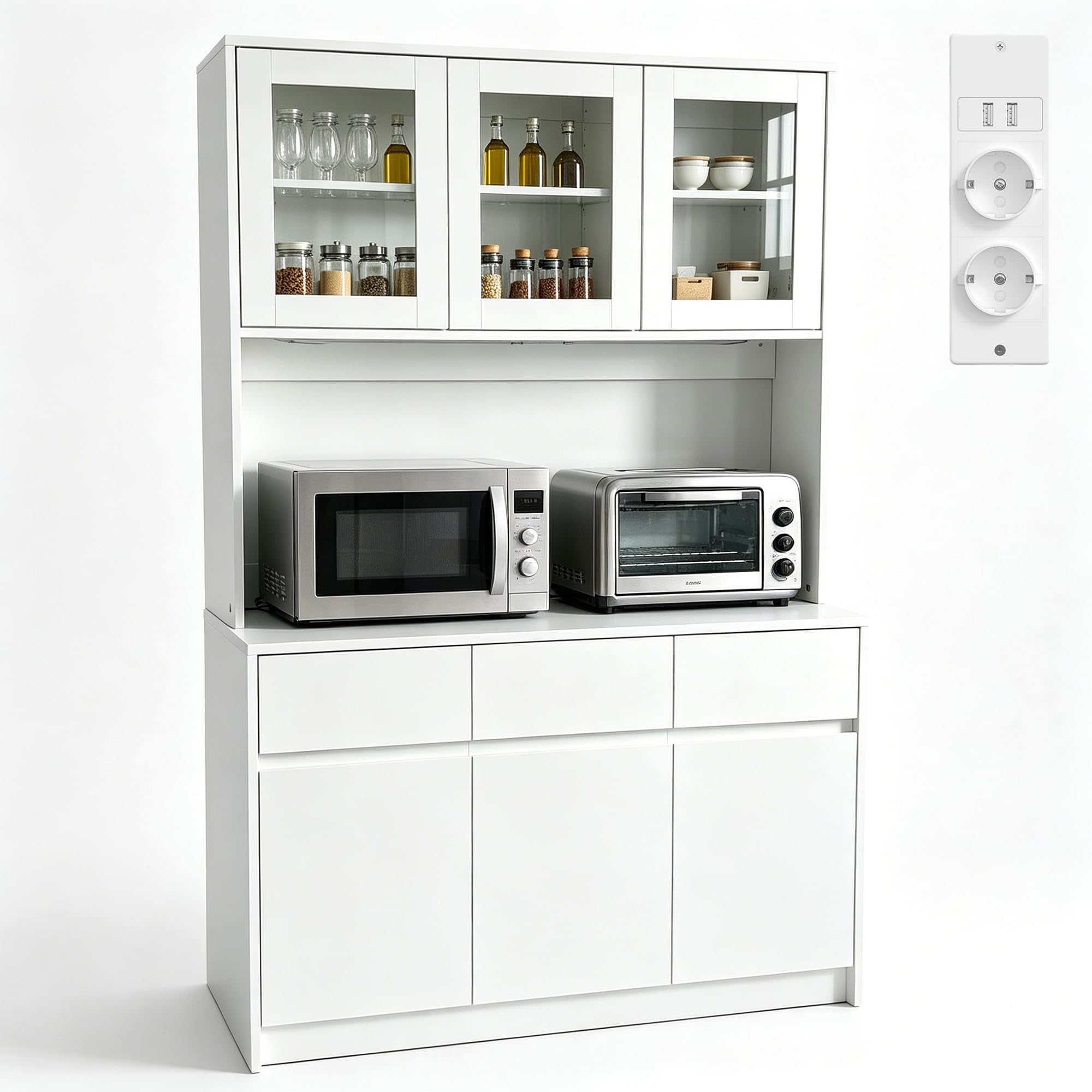 Alacena de Cocina 180 cm, Armario Despensa Cocina con regleta y Tira de Luces LED, Aparador Comedor con Estantes Regulables (Blanco)