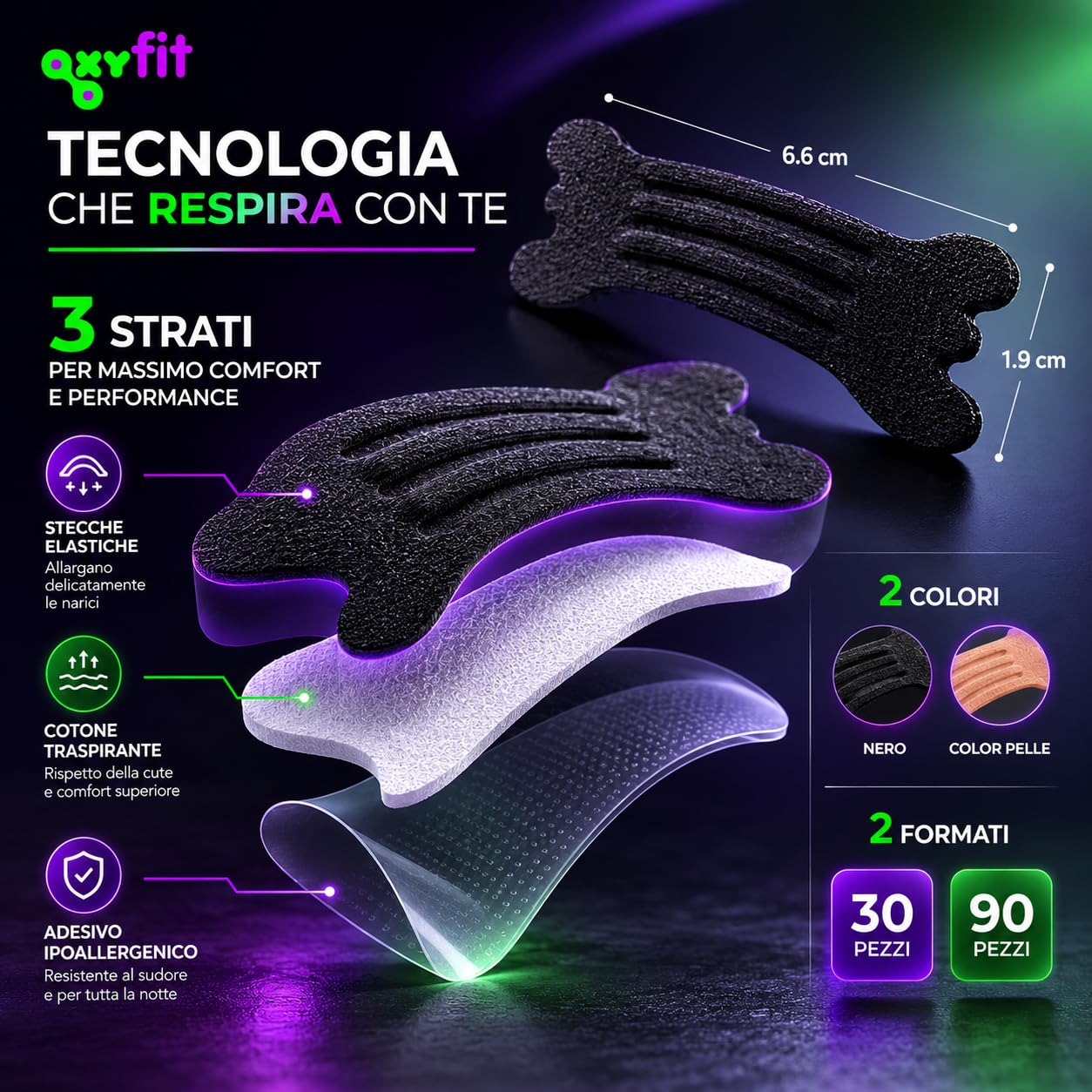 30 Cerotti Nasali Antirussamento (Nasal Strips) | per Smettere di Russare e Respirare Meglio | Dilatatore Nasale per Sport e Congestione (Nero - 30)