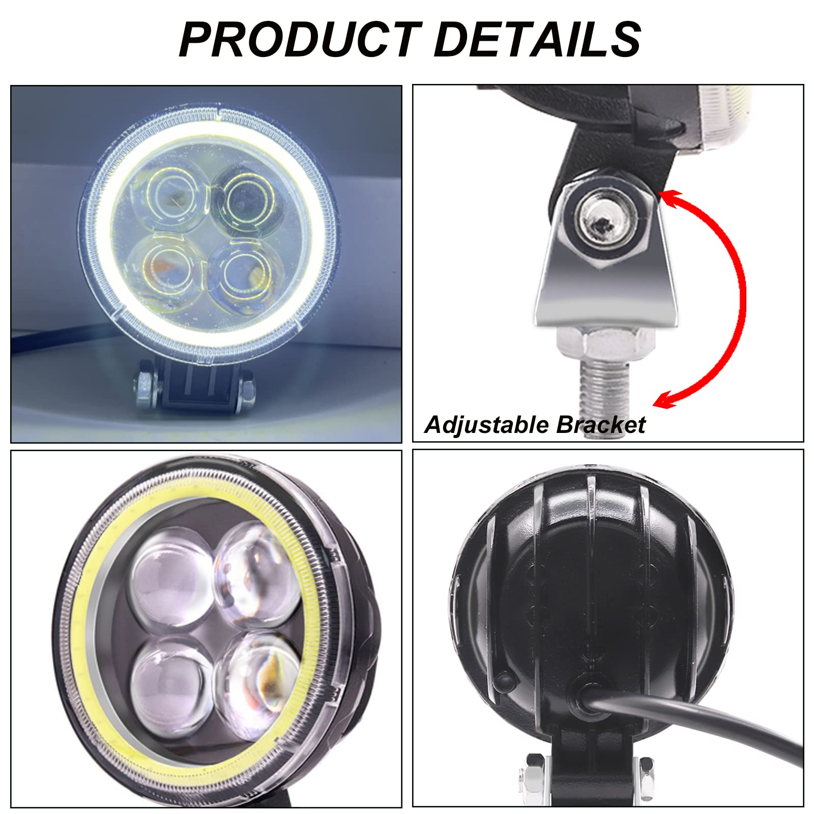 Biqing 1 Paire 12W Feux Additionnels Moto,Ronde 3Inch Phare LED Moto Avant 12V 24V Phares Supplémentaires pour Moto Feux de Jour de Moto DRL Avec Blanc Angel Eye
