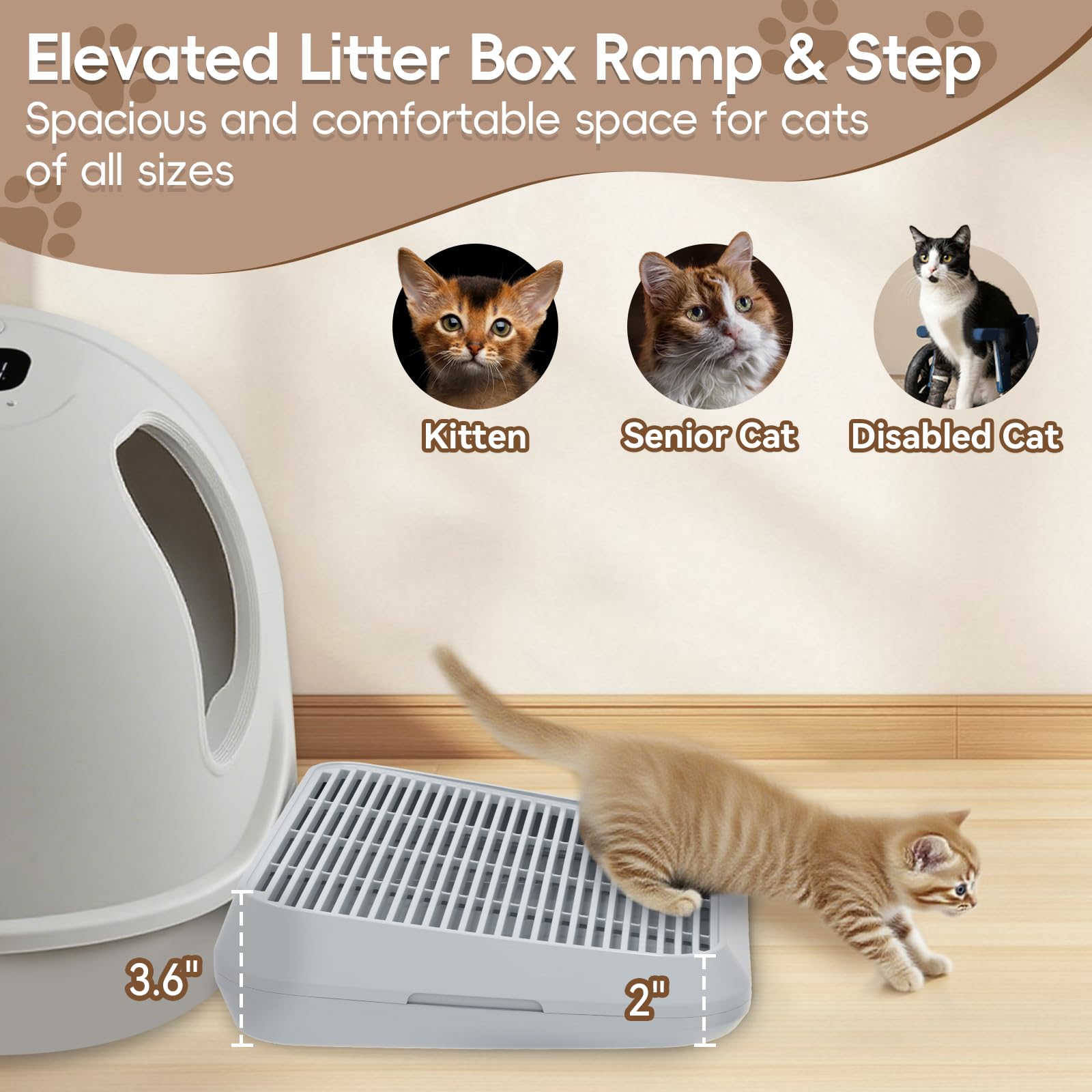 Rampa/gradini rialzati per lettiera per gattini e gatti anziani, lavabile, per lettiera automatica, anti-tracciamento, tappetino a pedale con filtro, facile da pulire (grigio chiaro)