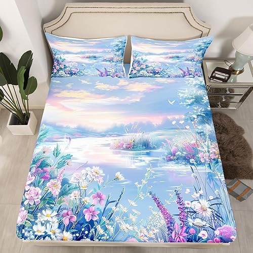 Vista 69 de Erosebridal Sábanas de muñeco de nieve tamaño matrimonial, juego de sábanas de esquí kawaii para árbol de Navidad, sábana bajera ajustable