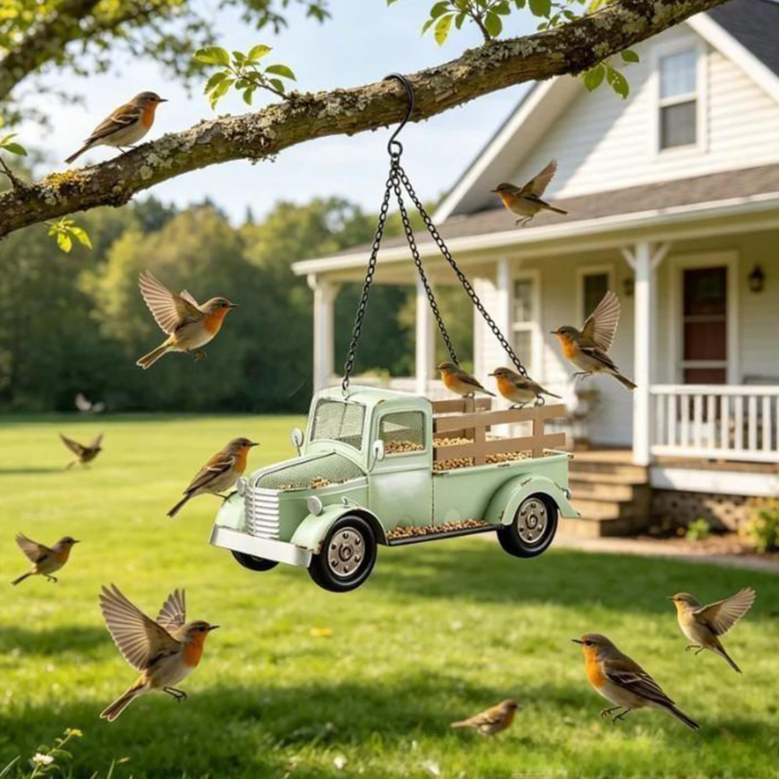 Hummingbird Zewnętrzny karmnik dla ptaków z wiszącym łańcuchem Design Retro Truck do ogrodu, patio, podwórza
