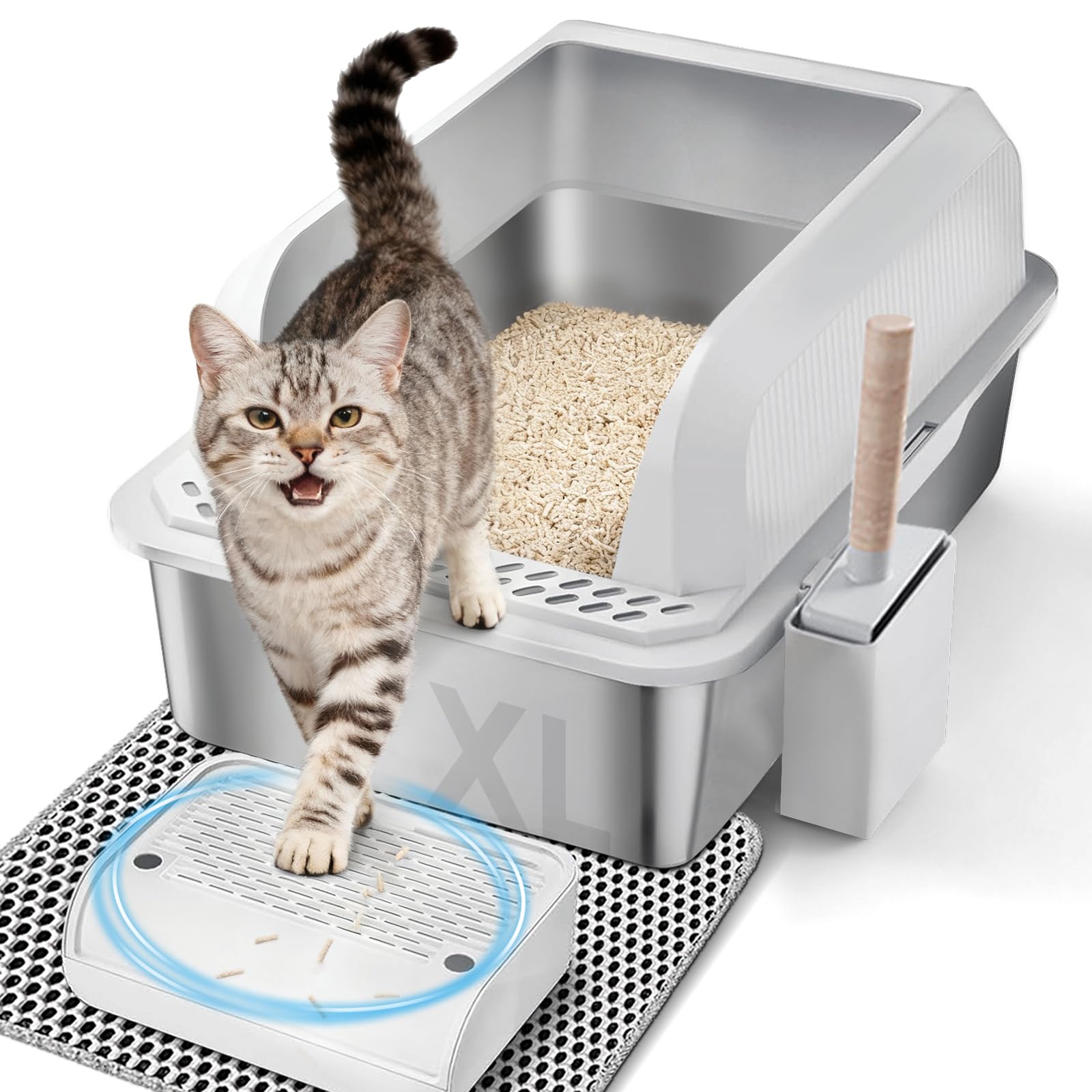 GTPLAYER Stainless Steel Cat Litter Box XL - Extra Large High-Sided Open-Top Metal Litter Box for Large & Multi-Cat Homes, Splash Guard, Low Entry, Easy Clean 304 Steel with Step, Mat & Scoop, White