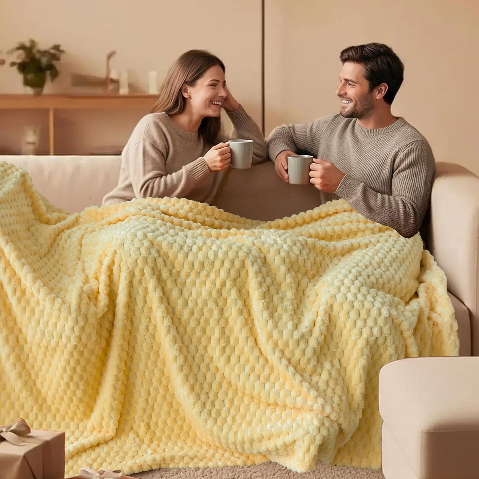 Vessia Flannel Fleece Throw Blanket(50x70 inch), 3D Jacquard Light Yellow Fuzzy and Warm Blanket for Couch,Sofa,Bed,Chair, 300GSM Super Soft Touch Cozy Lightweight Throw for All-Season Home Decor