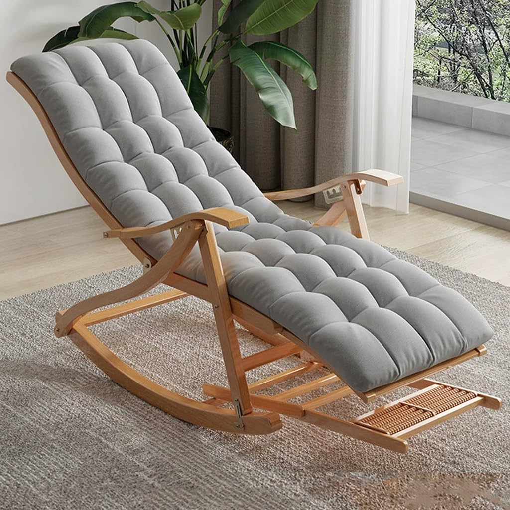 Chaise à bascule pliable en bois gris et bambou avec coussin