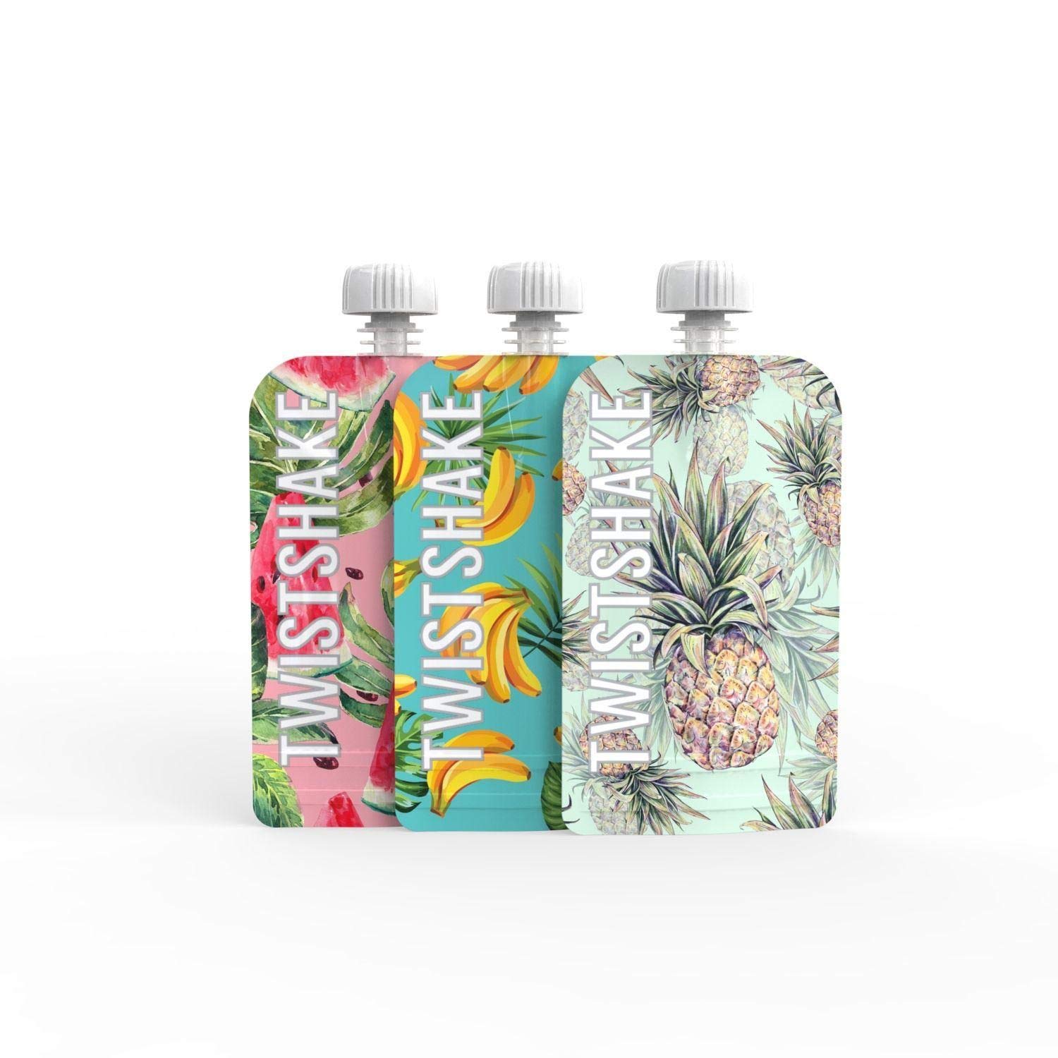 Twistshake Baby Food Pouches 220ml - Set of 3 | Reusable Double Zip Baby Food Bag | BPA Free Fill n Squeeze Baby Weaning Pouches | Leak-Proof Squeeze Pouch | Freezer Safe Baby Food Bag | Fruit Design