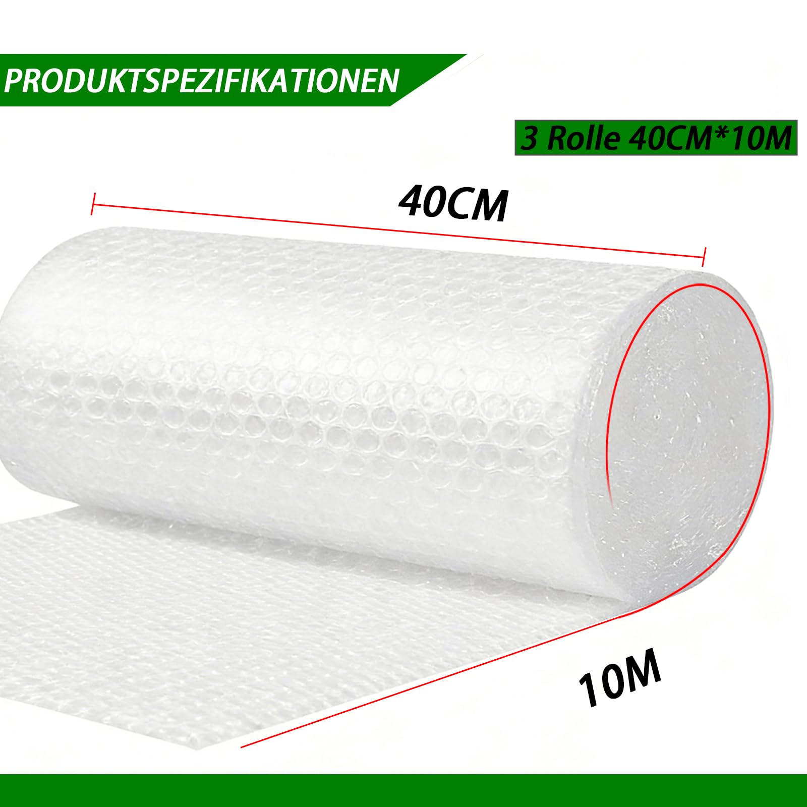 Luftpolsterfolie Rolle - Noppenfolie Verpackungsmaterial, für Versand,Umzug und Polstermaterial, leicht zu handhaben (3 Rolle 40cm x 10m)