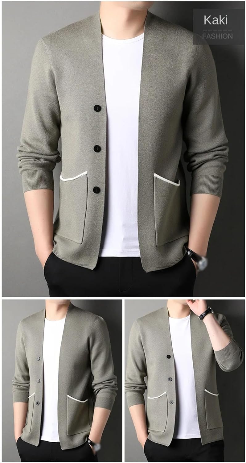 Men's Korean Knitted Cardigan Sweaters Winter Long Sleeve V-Neck Business Casual Coat