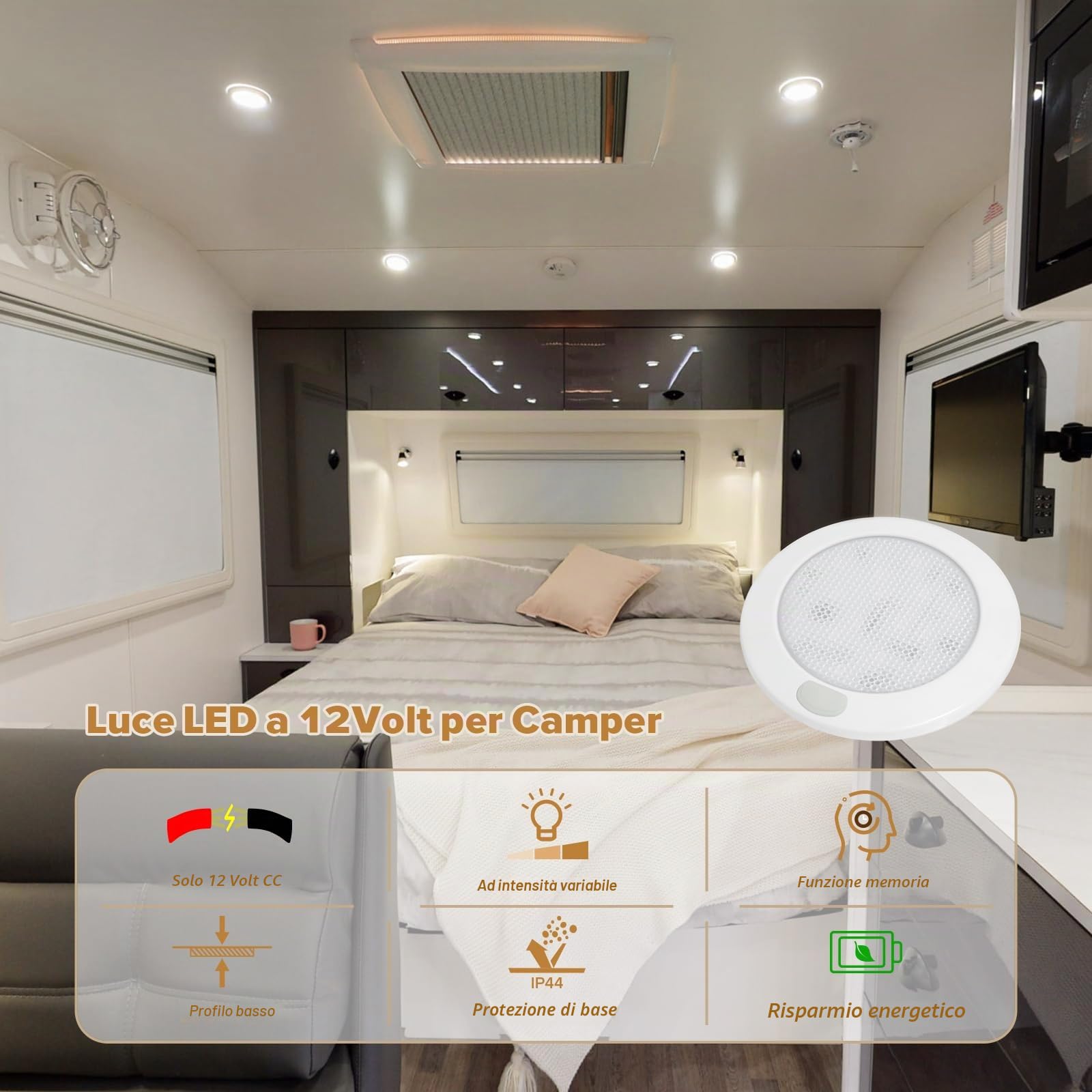 Dream Lighting Luce LED 12v Camper Plafoniera Soffitto Moderna Dimmerabile IP44 76MM 2,4W 3000K Bianco Caldo per Caravan Barca 4 Confezioni