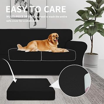 Easy-Going 2 Pieces Stretch Couch Cover Sofa Cover for Dogs Washable Sofa Slipcover for Separate Cushion Couch Spandex Jacquard Fabric Elastic Furniture Protector for Pets, Kids (Black, Chair)