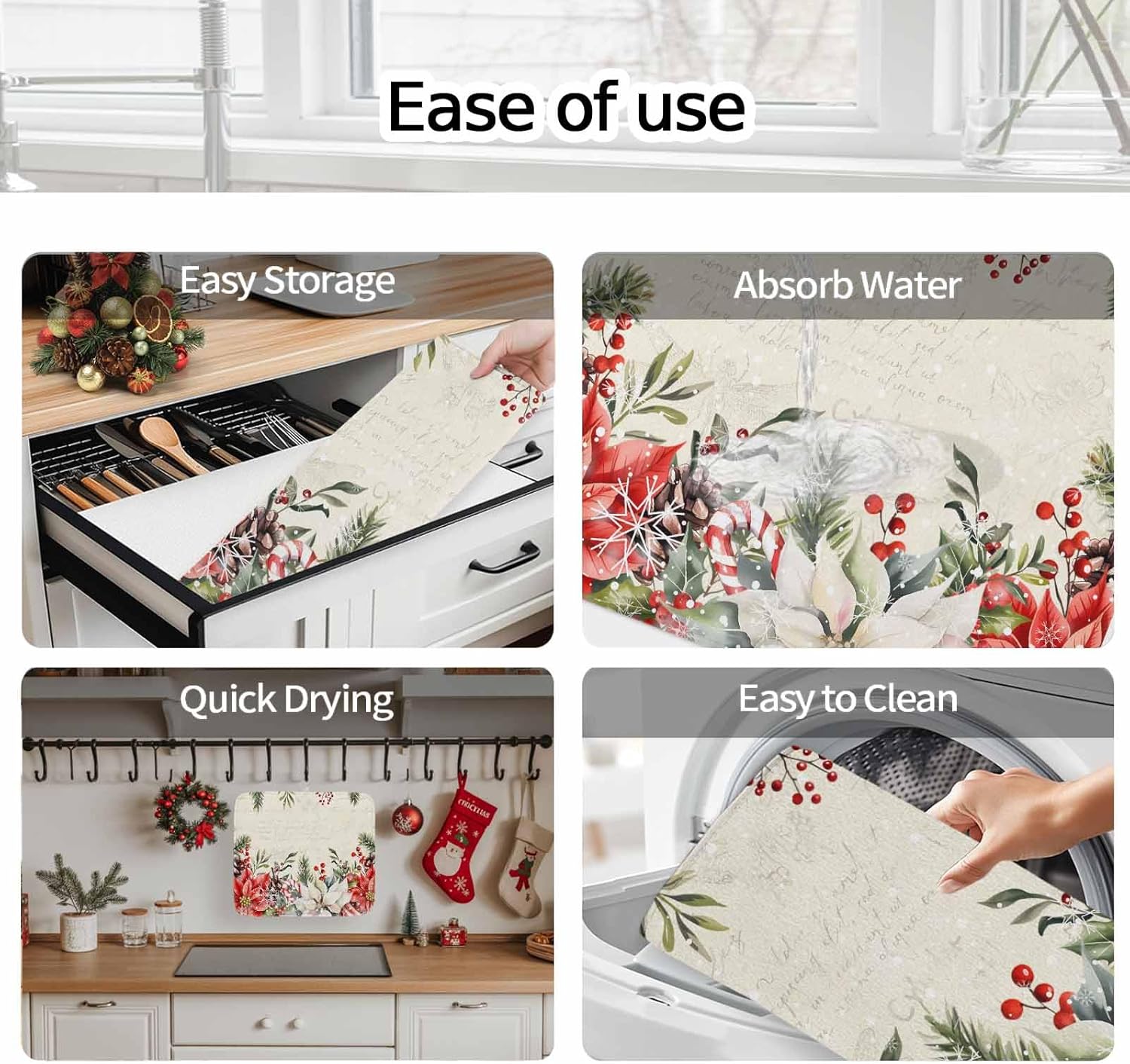 Christmas Poinsettia Berry Snowflake Dish Drying Mats for Kitchen Counter,Absorbent Microfiber Dish Drainer Rack Mat Pine Cones Pine Branches Drying Pad for Sinks,Utensils,Countertops,18x24in