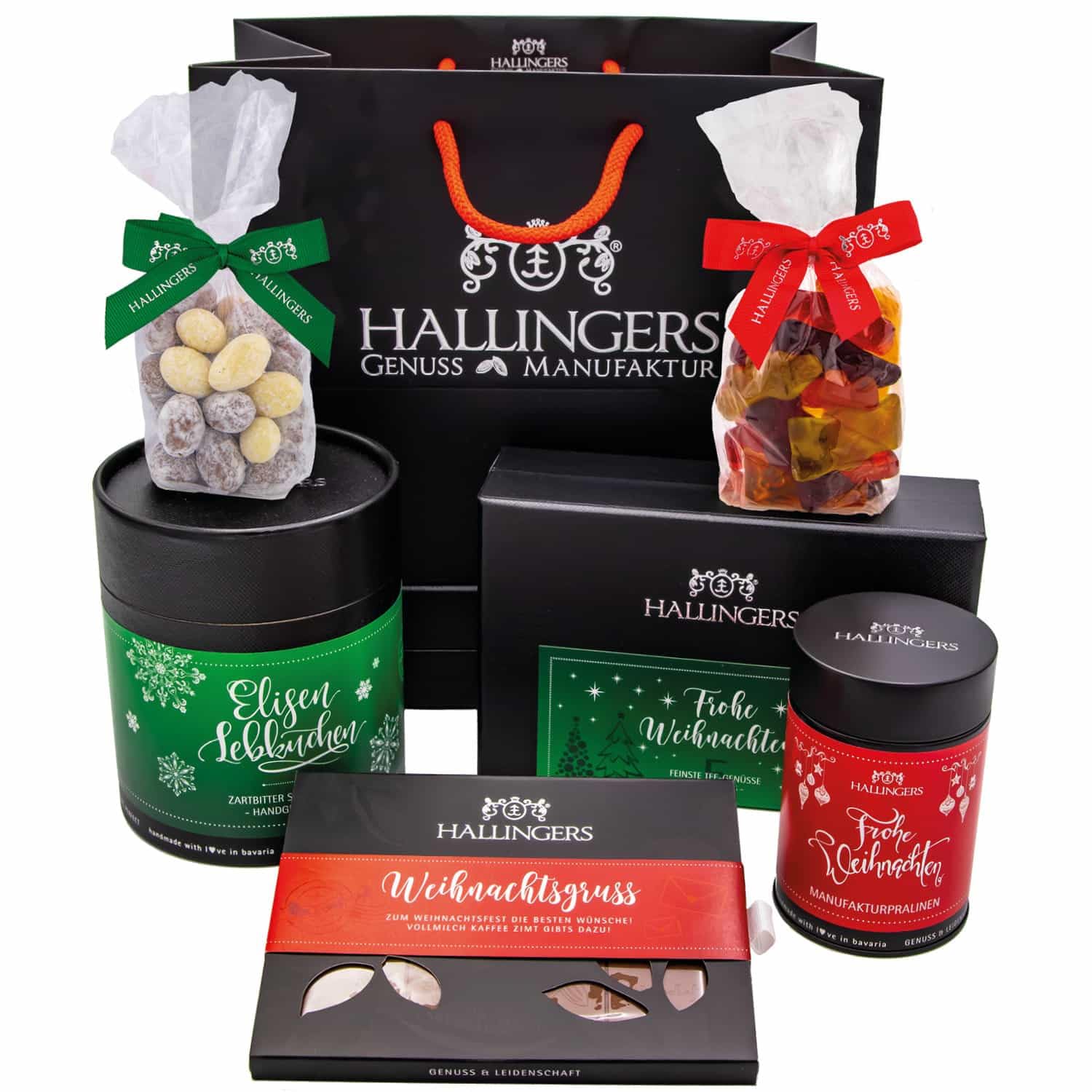 Hallingers Genuss Manufaktur Feinkost Weihnachts-Geschenk-Set - XXL-Geschenkkorb "Süße Weihnachten" großes Mitbringsel Pralinen, Schokolade, Fruchtsaftbärchen, Mandeln & mehr, Weihnachten für Frauen