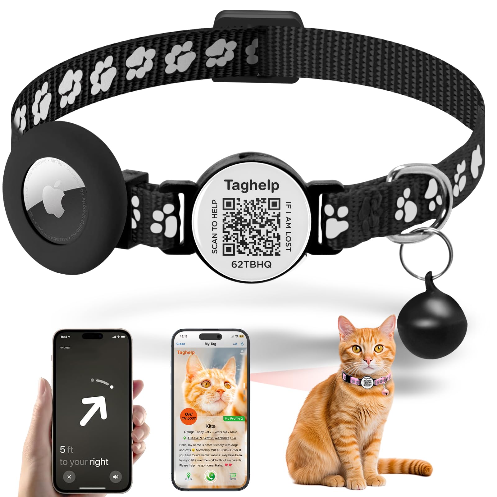 QR Code AirTag Cat Collar Breakaway Reflective with Bell - Digital Pet ID Tag for Lost Cat Recovery, Black Paw Print Design