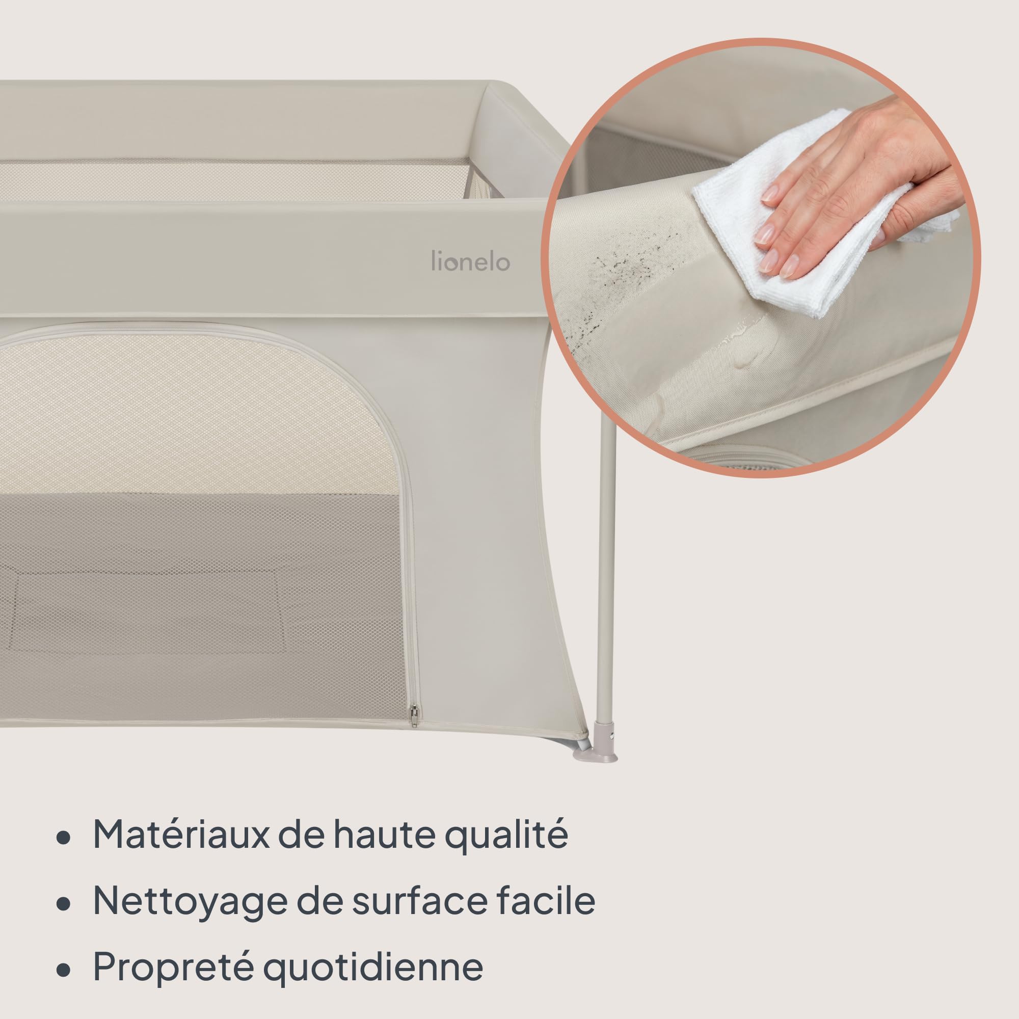 Lionelo Paco Parc Bébé Pliable 111 x 111 cm (0-48 Mois), Léger 4,1 kg | Pliage Rapide sans Outils, Entrée Latérale Zippée, Filets Respirants, Format Compact, Sac de Transport Inclus, jusqu'à 15 kg