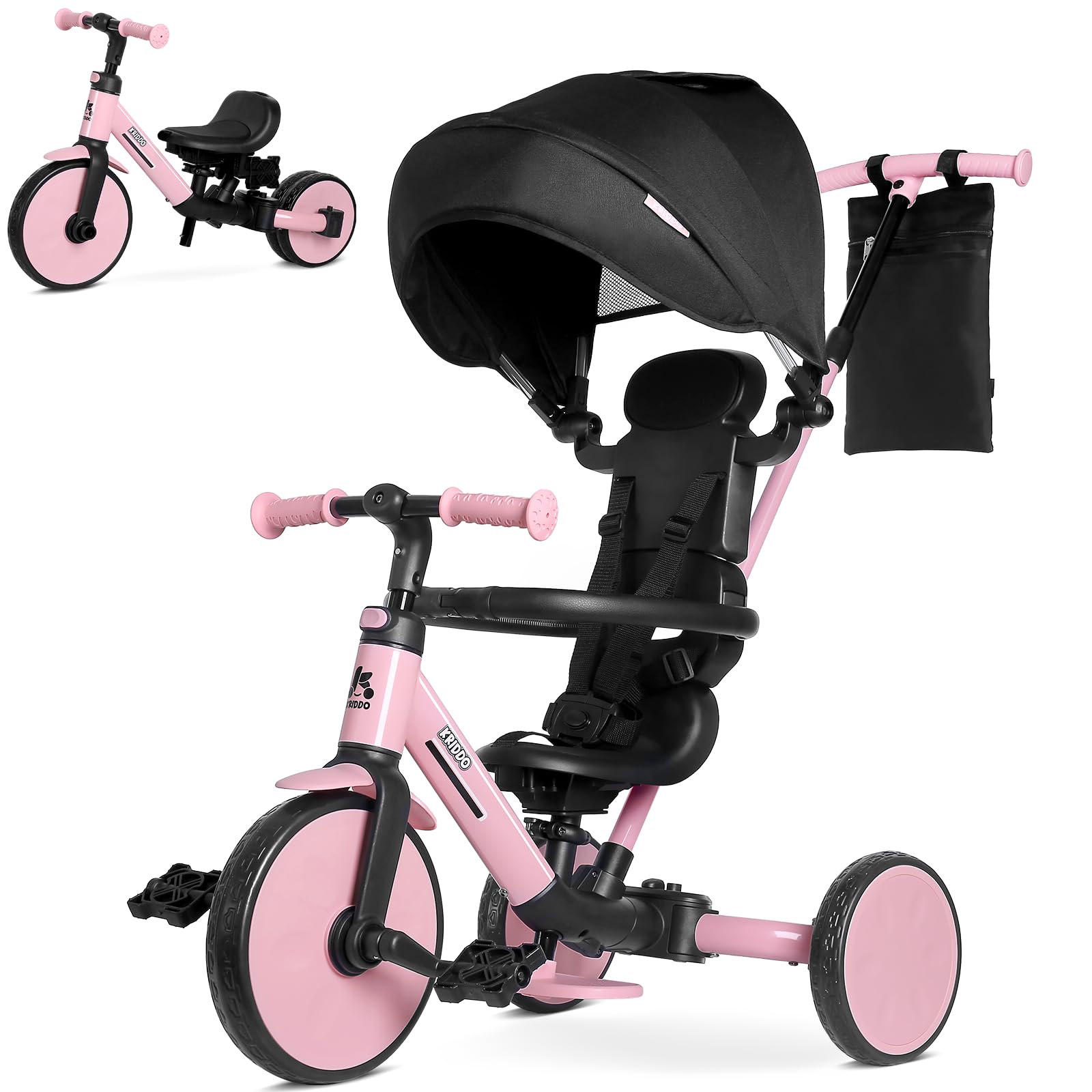 KRIDDO Triciclo Evolutivo 8 en 1 para Niños de 18 Meses a 5 Años, con Barra de Empuje, Triciclo y Bicicleta con o sin Pedales, Arnés de 5 Puntos Mejorado, Capota Plegable y Bolsa, Rosa