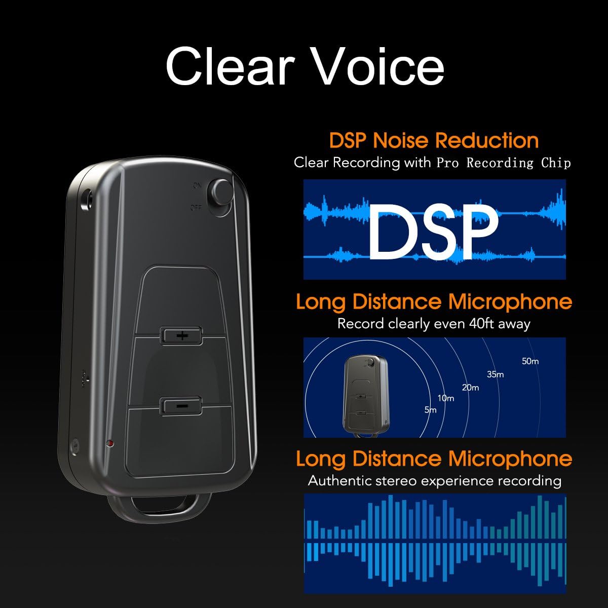 Vandlion V8 recorder illustrating DSP noise reduction and long-distance microphone capabilities