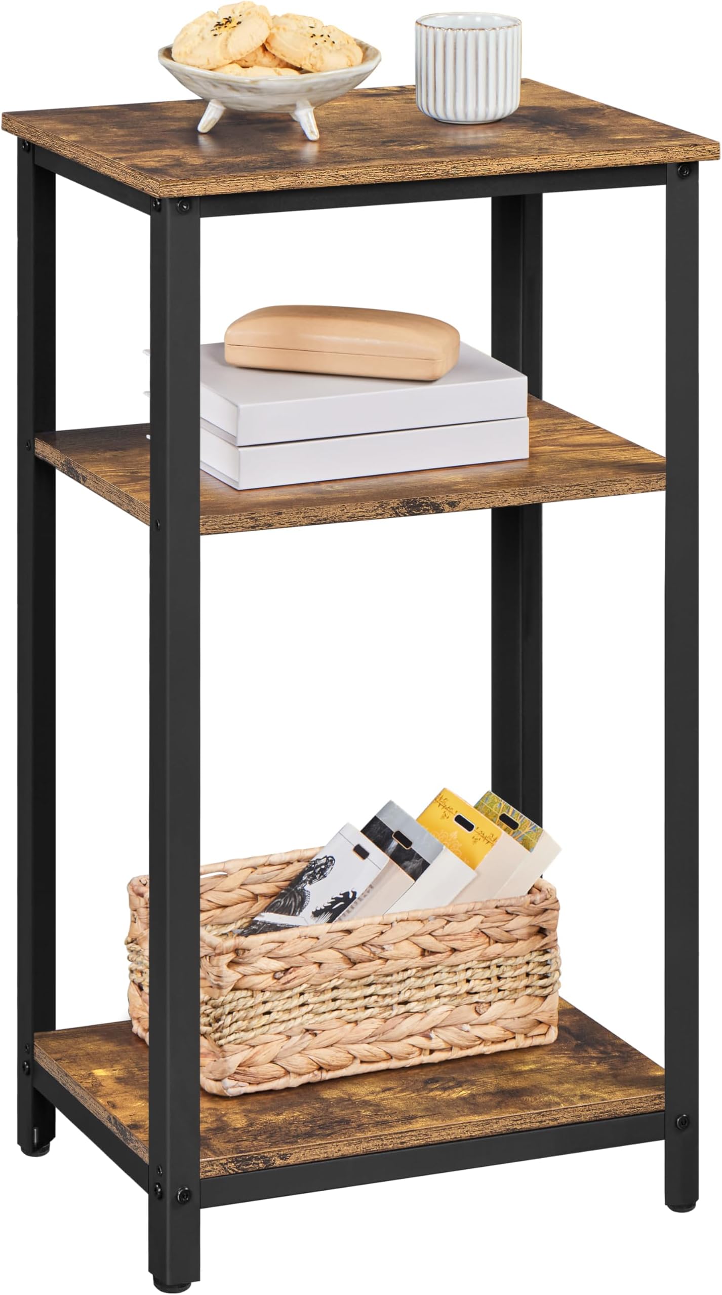 Yaheetech Tall End Table, 30 in Industrial Side Table with Strong Wooden Shelves, Slim 3-Tier Telephone Table with Metal Frame for Living Room, Small Places - Rustic Brown