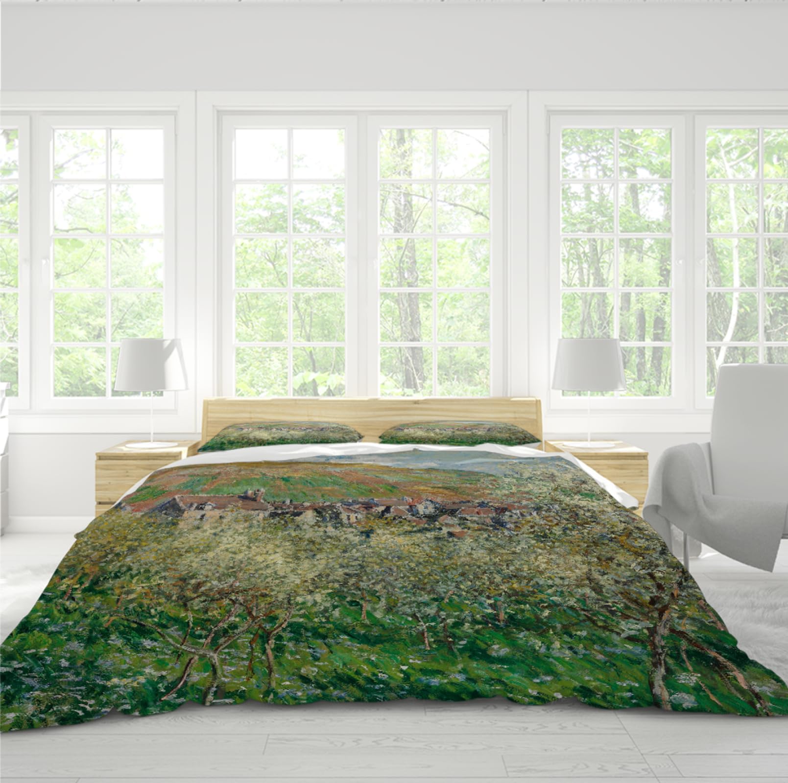 Zestaw pościeli w stylu wiejskim, Claude Monet Art, poszwa na kołdrę z zamkiem błyskawicznym, 2 poszewki na poduszki, kwiatowy i botaniczny, 3-częściowy zestaw poszewek na kołdrę 140 x 200 cm