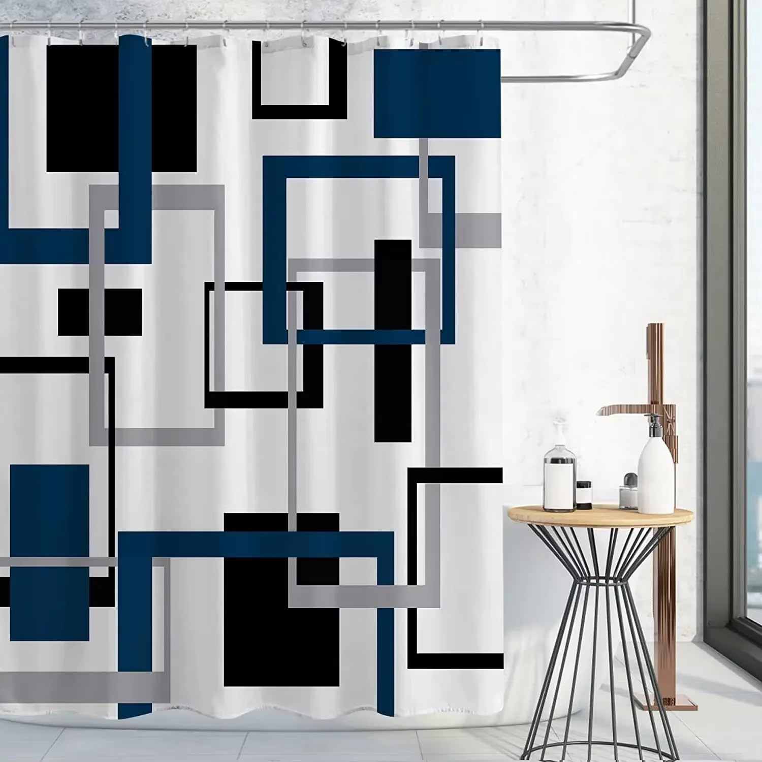 KELAIMI Mid-Century Modern Abstract Geometric Shower Curtain - Modern Simple Waterproof Bathroom Curtain - Quick-Drying Polyester Bathtub Curtain with Hooks Blue 180X180Cm