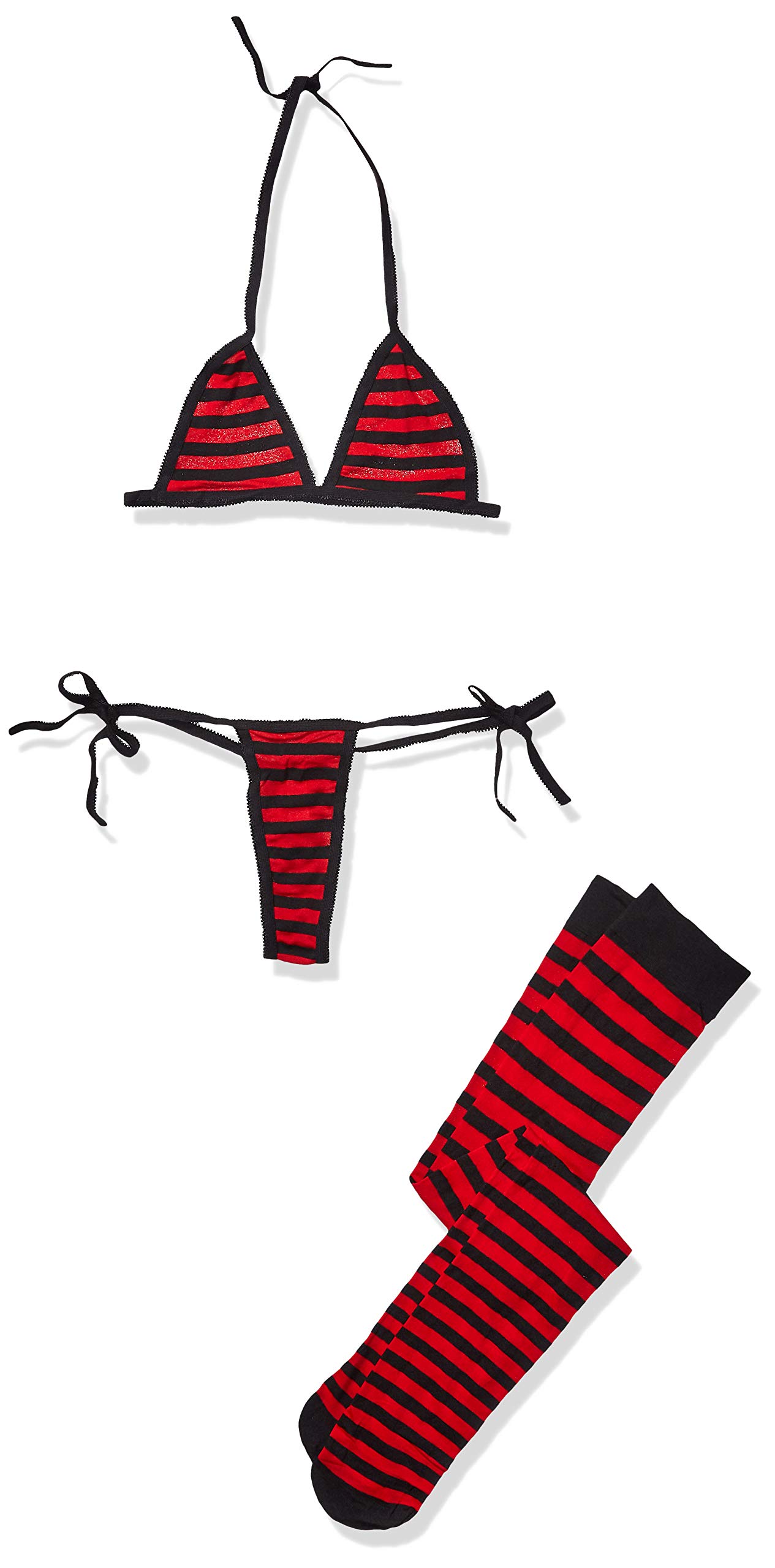 Elegant Moments Women's Striped Bra Top with Thong and Stockings