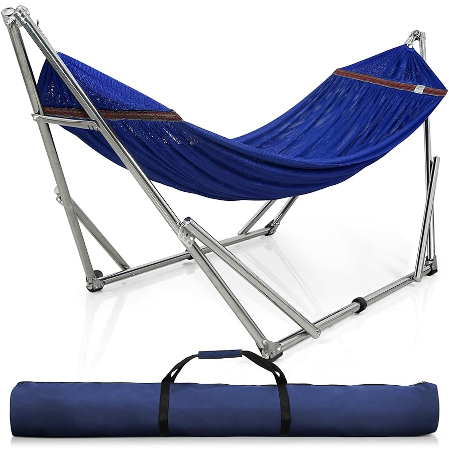 Mayhawk Hammock With Stand, 550lb Capacity Double Cotton Hammock And 9ft Steel Stand Including Portable Carrying Case Easy Set Up ( Blue