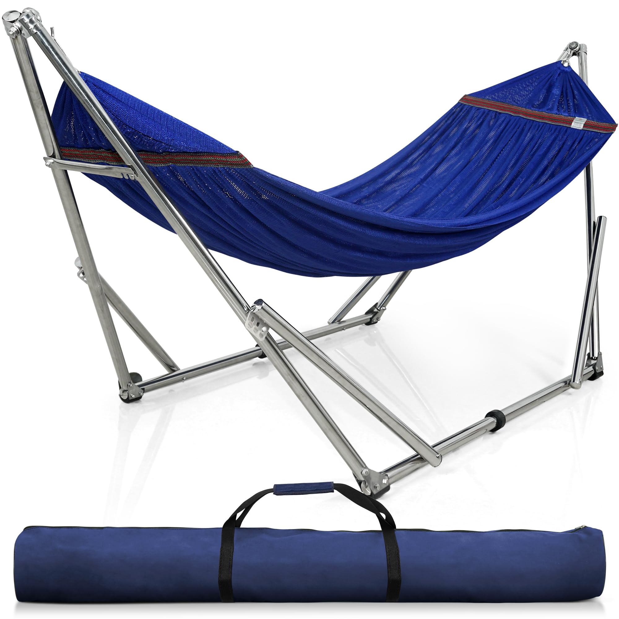 Tranquillo 650 lbs Capacity Double Hammock Stand for 2 Persons, Adjustable Hammock Stand, Collapsible Camping Hammock and Stand, Signature Stainless Steel Stand Breathable Polyester Hammock Net, Blue