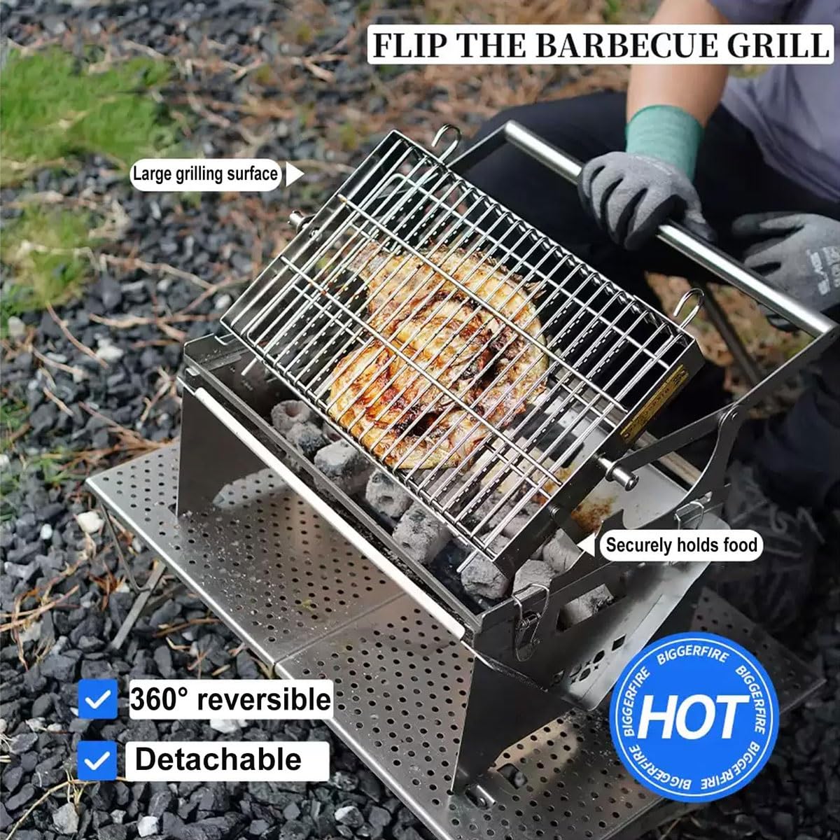 Griglia a carbone portatile girevole a 360°,griglie for barbecue girevoli in acciaio inossidabile con vassoio rimovibile e telaio in acciaio regolabile,griglia for barbecue a carbone portatile