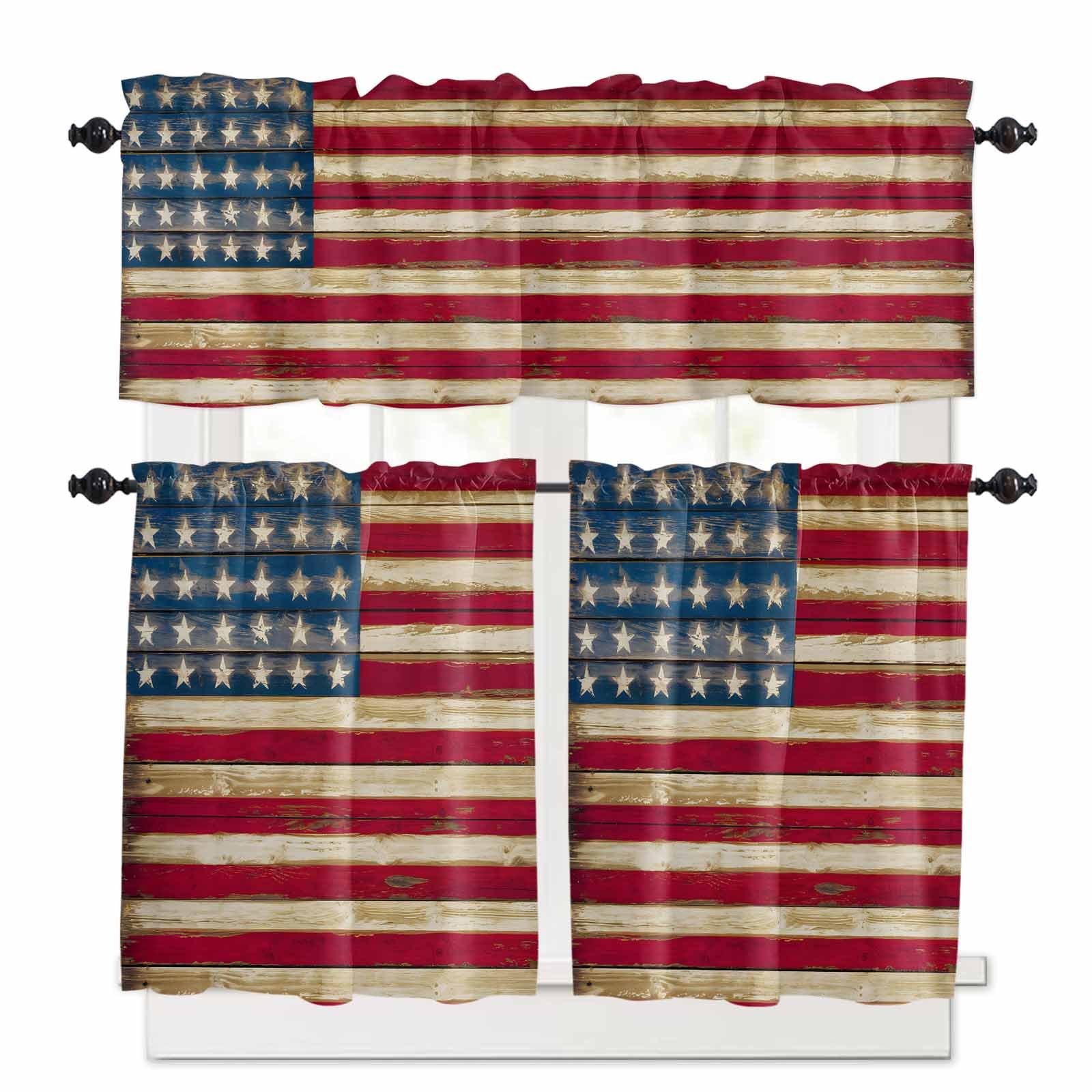 American Flag Vintage Kitchen Curtains 36 Inch Length, 3 Piece Rod Pocket Small Half Tiers and Valance Set, Brown Red Stripes US Flag Small Large Window Treatment Decor for Bedroom/Bathroom Sink