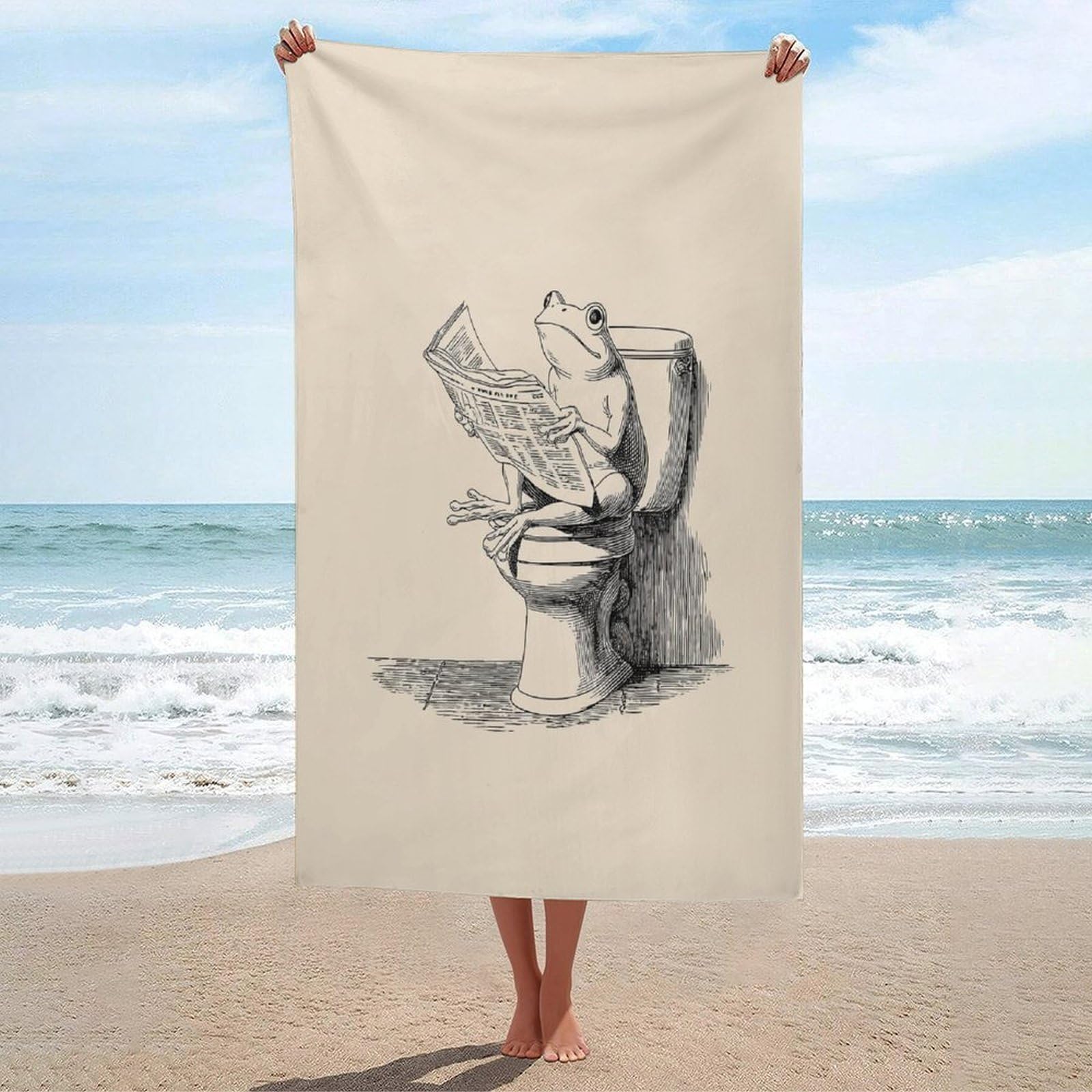 LSRCPD Minimalist Toilet Frog Reading Newspaper Humor Beach Towel Sand Free Microfiber Large Shower Towels Multipurpose Absorbent for Bathroom Pool 130x80 CM