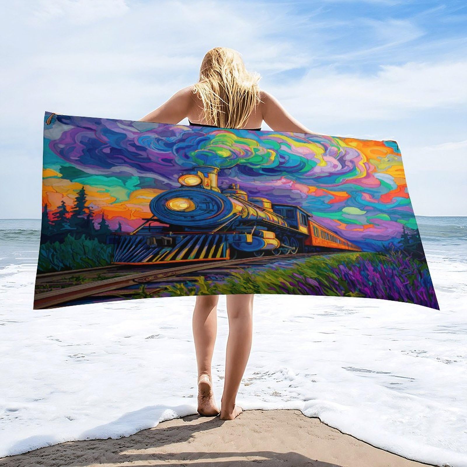 LUYYSKY Retro Aesthetic Steam Train Absorbent Beach Towel, Classic Abstract Sunset Forest Steampunk Steam Train Outdoor Single-Sided Velvet Beach Towel-80 W cm x 160" L cm