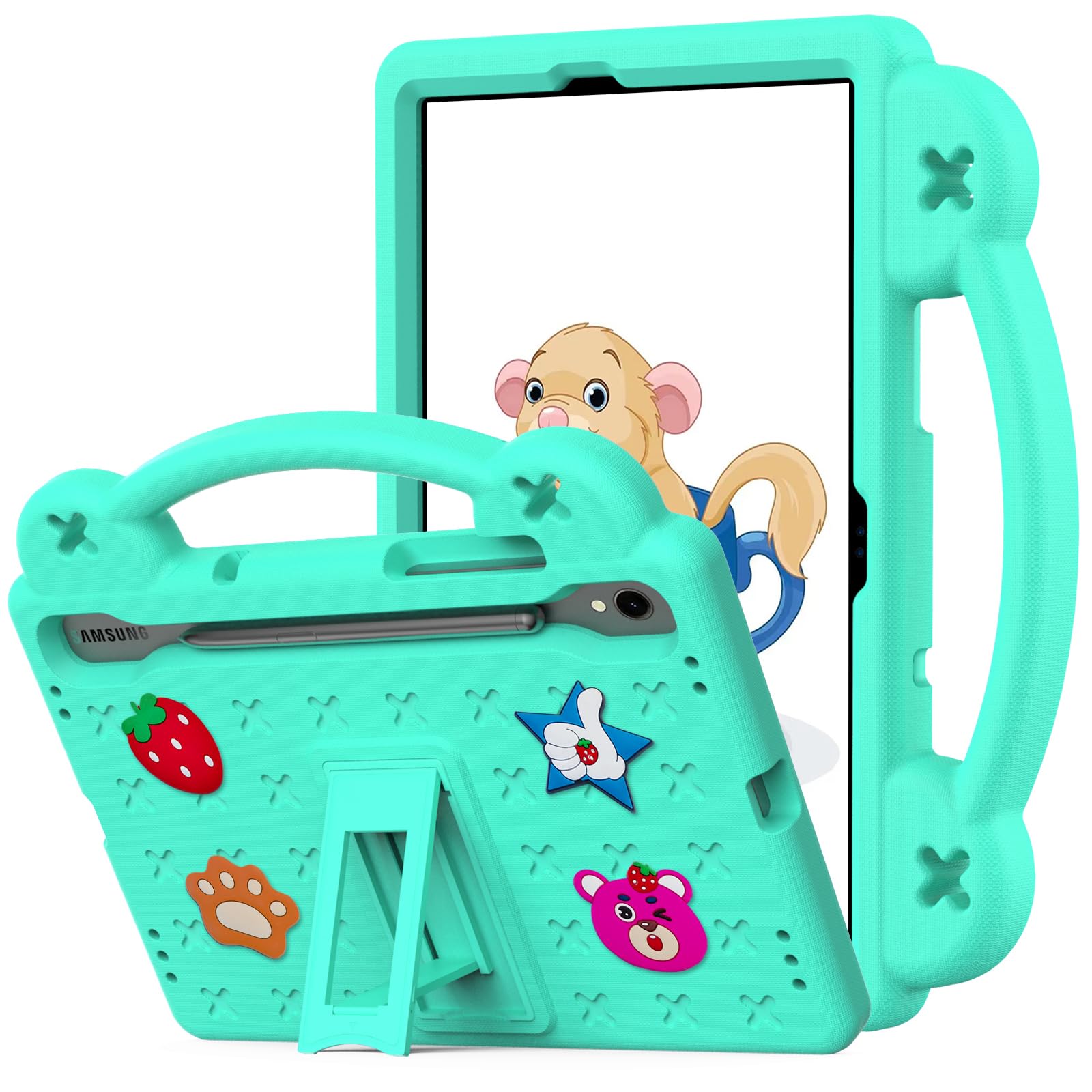 YRH for Galaxy Tab S9 FE 5G Case 10.9-inch Kids, EVA Boys Girls Stand Handle Cover for Samsung S9 FE/S9/S8/S7 Tablet Case, with DIY Cartoon Figures, Green