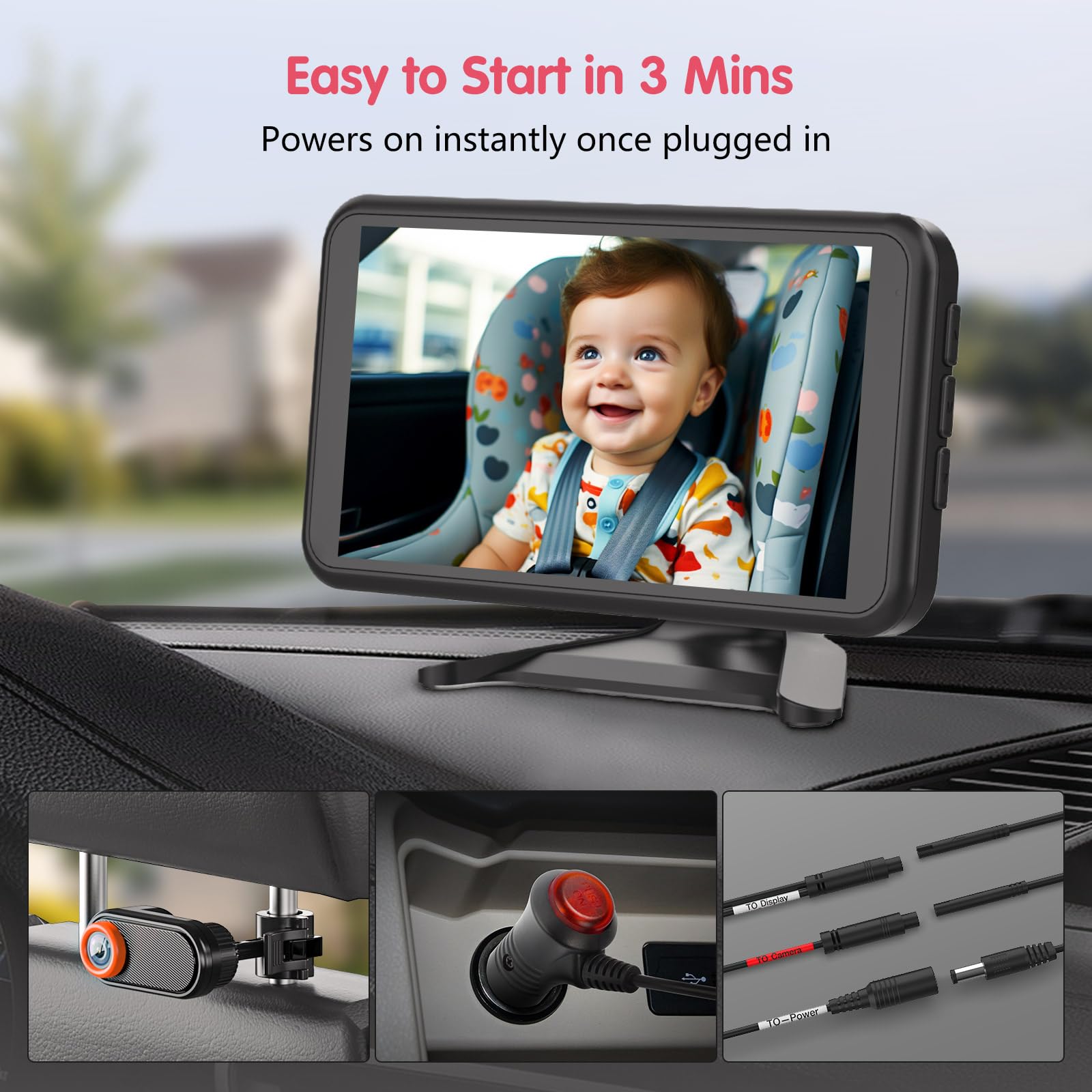 Luckview Spiegel Auto Baby Rückbank Kamera mit Videoaufzeichnung – 5.2" Baby Auto Spiegel 1080P HD, Vollfarbige Nachtsicht, 3X Zoom, rücksitz Kamera mit TF Karte & 360° Rotation