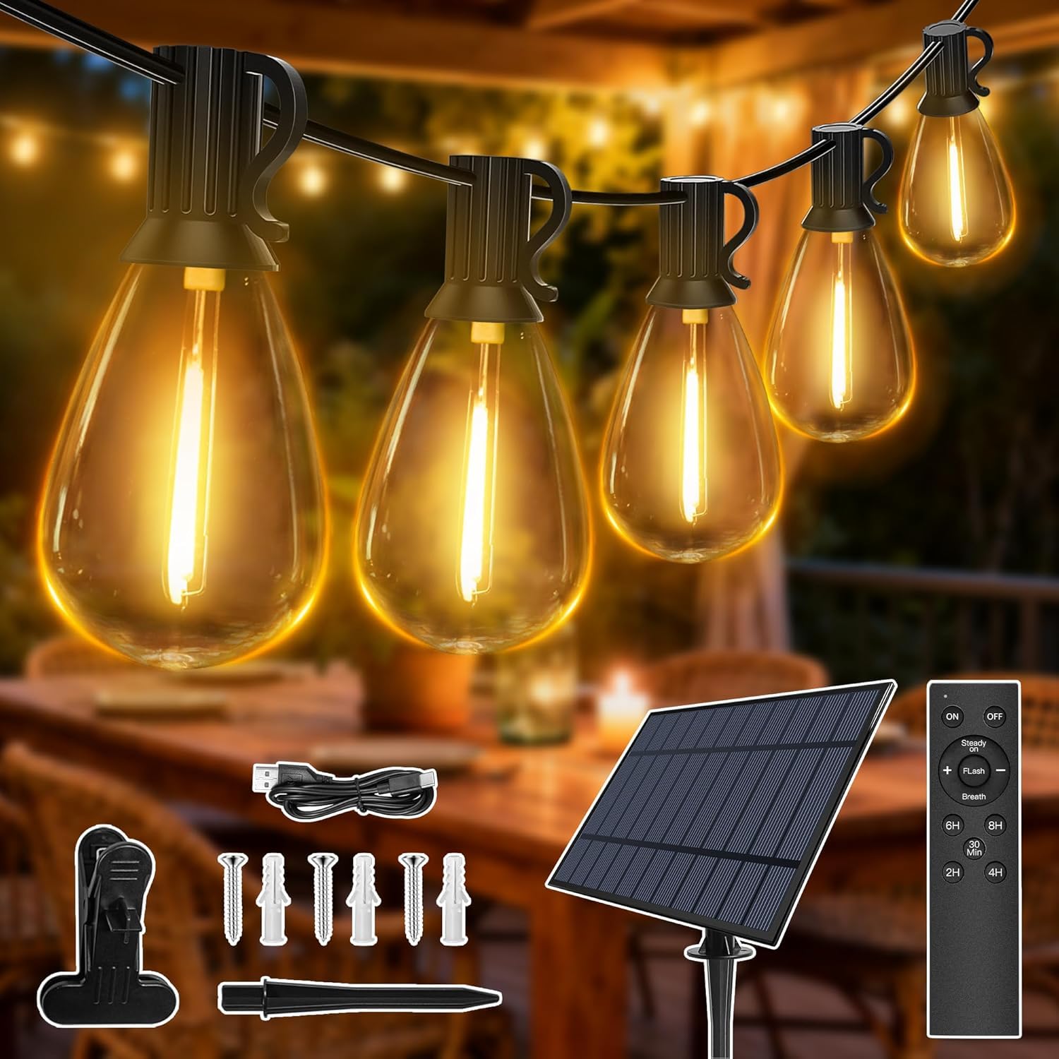 Ollny Cadena de luces solares para exteriores, 30 m, 35 + 2 bombillas LED, funciona con energía solar, S11, iluminación exterior con mando a distancia, 3 modos, función de temporizador, IP65