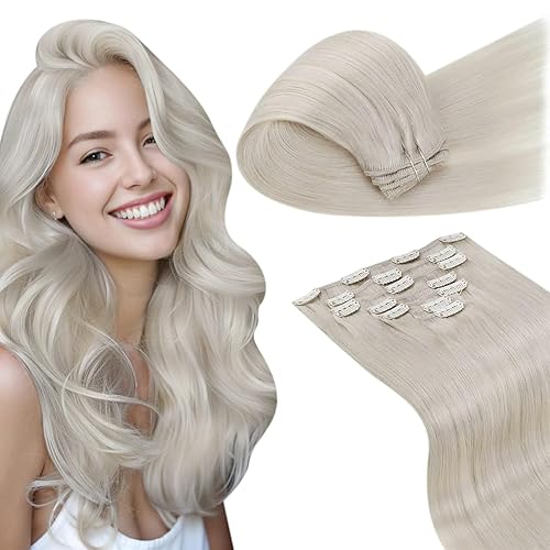 Miniatura 1 de LAAVOO Extensiones de cabello humano Remy rubio platino con clip 24 pulgadas 494oz extensiones de cabello humano real rubio blanco doble trama 7