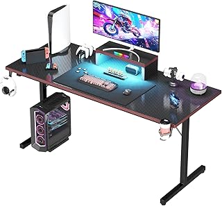 Devoko Gaming Desk With LED,Gaming Desk With Monitor Stand, Carbon Fibre Coating T-Frame Design,Ergonomic Computer Desk with Cup Holder And Headphone Hook, 180×60cm,Black