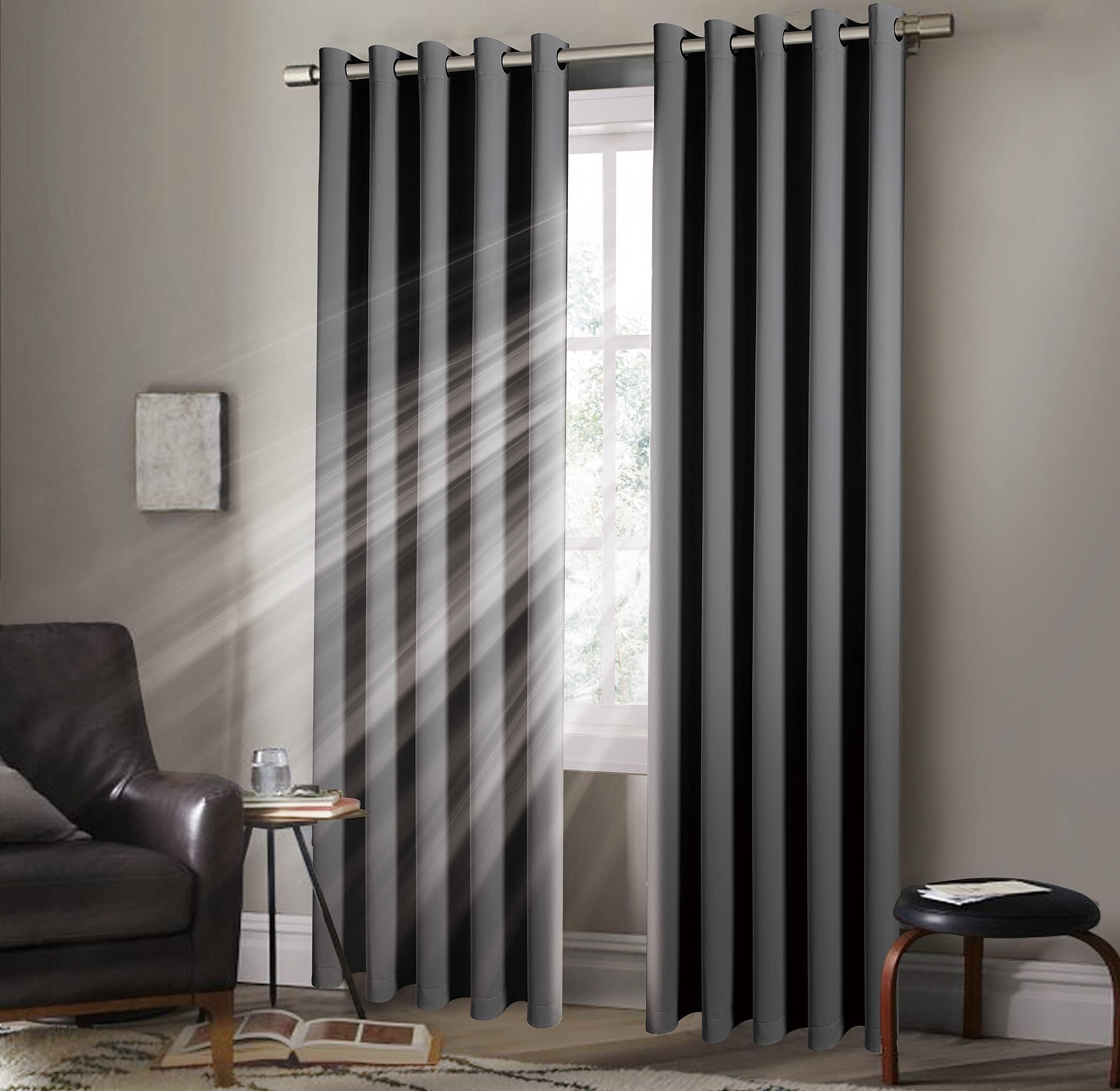 Thermal Blackout Curtain Pair Heavy Insulated Ring Top Eyelet Curtain Pair Room Darkening Curtain Panels (Grey, 90x 108 inches)