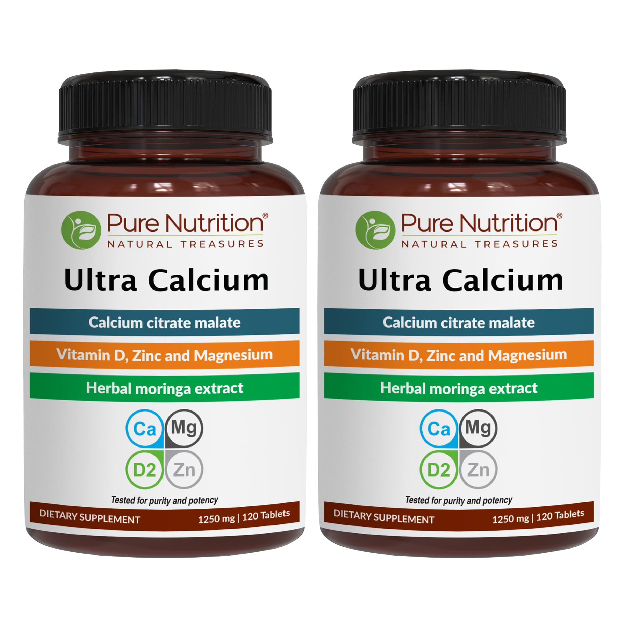 Pure Nutrition Ultra Calcium 1000mg with VIT D3 + K | 240 Tabs (120 X Pack of 2) | Calcium Supplement with Calcium Citrate Malate, VIT D3, K, Moringa Oleifera, Magnesium and Zinc. 120 Count (Pack of 2)
