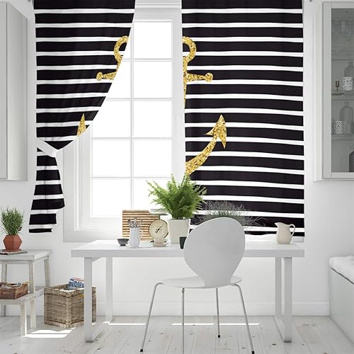 Miniatura 4 de Blackout Curtains Thermal Insulated Gold Anchor on The Black Stripes Solid Pattern Metal Grommet Elegant Room Drapes Window Curtain for Bedroom