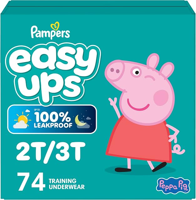Pampers Easy Ups Girls & Boys Potty Training Pants, Size 4 (2T3T), Peppa Absorbent Training Underwear, Up to 100% Leakproof Day and Night, Hypoallergenic, 1 Pack (Count of 74)