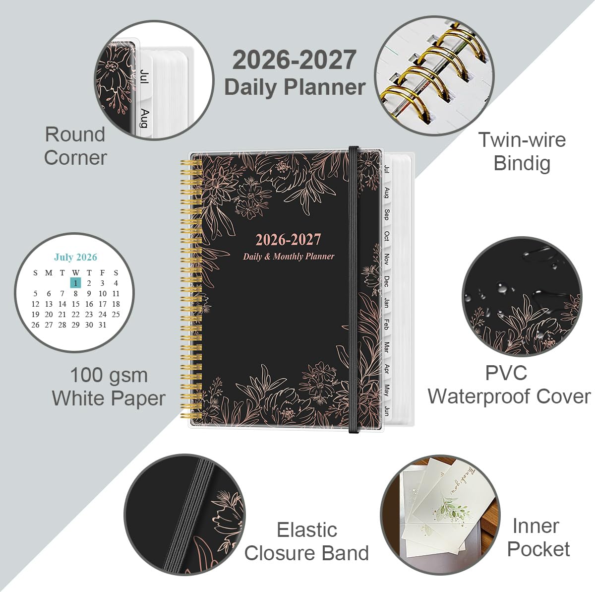 Agenda giornaliera 2026 con pagina intera al giorno - Agenda giornaliera e mensile 2026 da gennaio 2026 a dicembre 2026, planner giornaliero 2026 con 12 mesi di tabelle, 21,6 x 27,9 cm, fiori neri